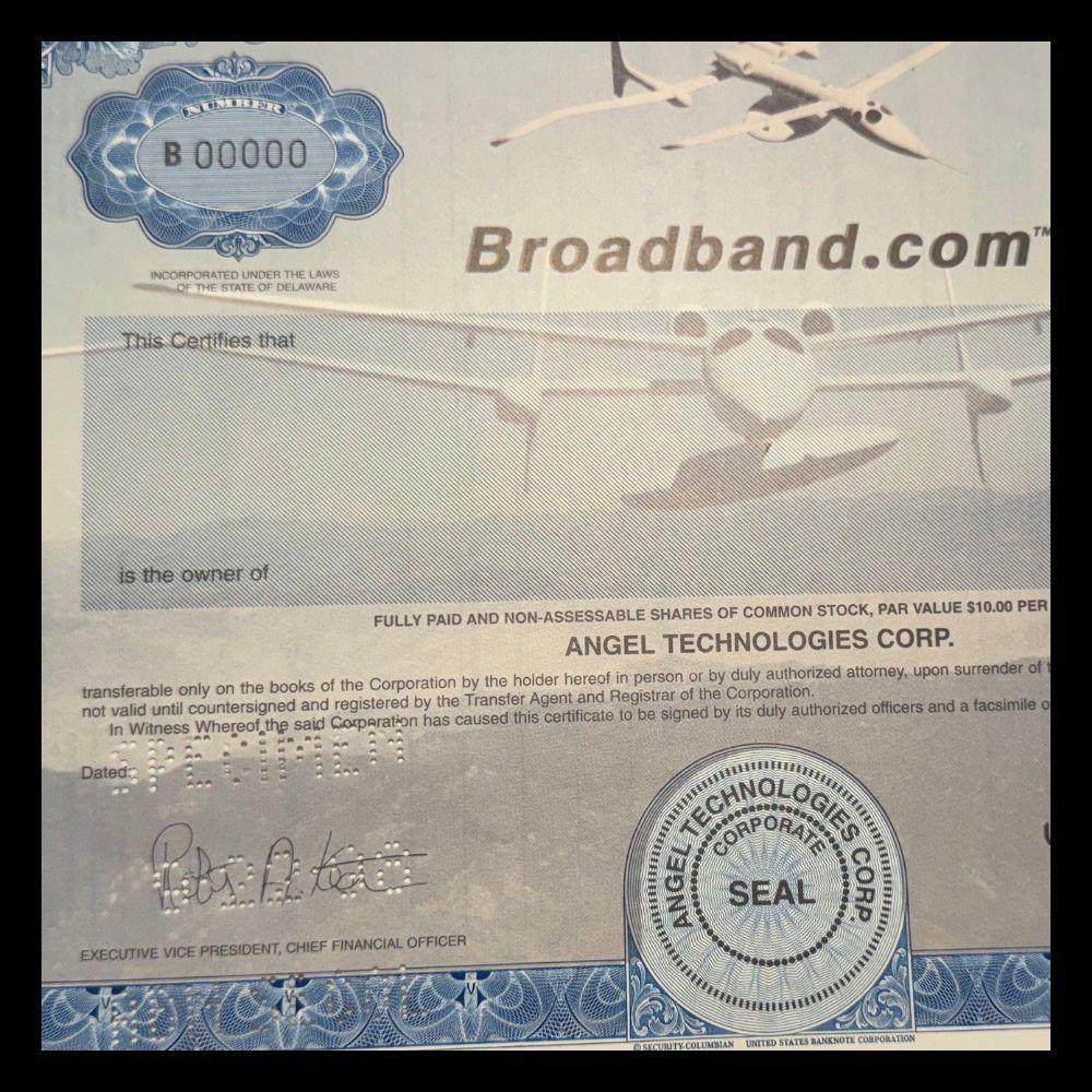 Broadband.com (Angel Technologies) Specimen Stock Certificate from 2000s