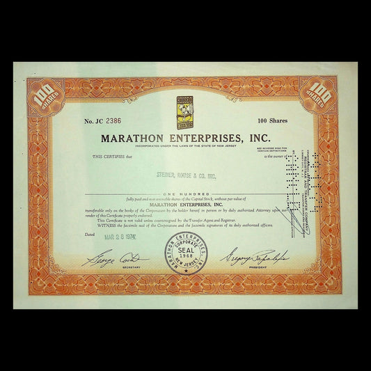 Marathon Enterprises Inc - now Sabrett Hotdogs (House O' Weenies) Stock Certificate from 1970s