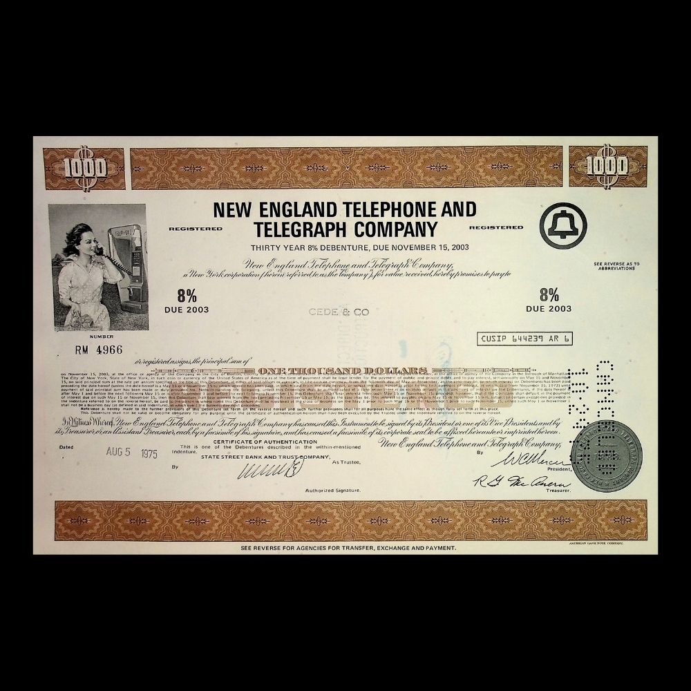New England Telephone and Telegraph Company Stock Certificate from 1970s – Multi-Color