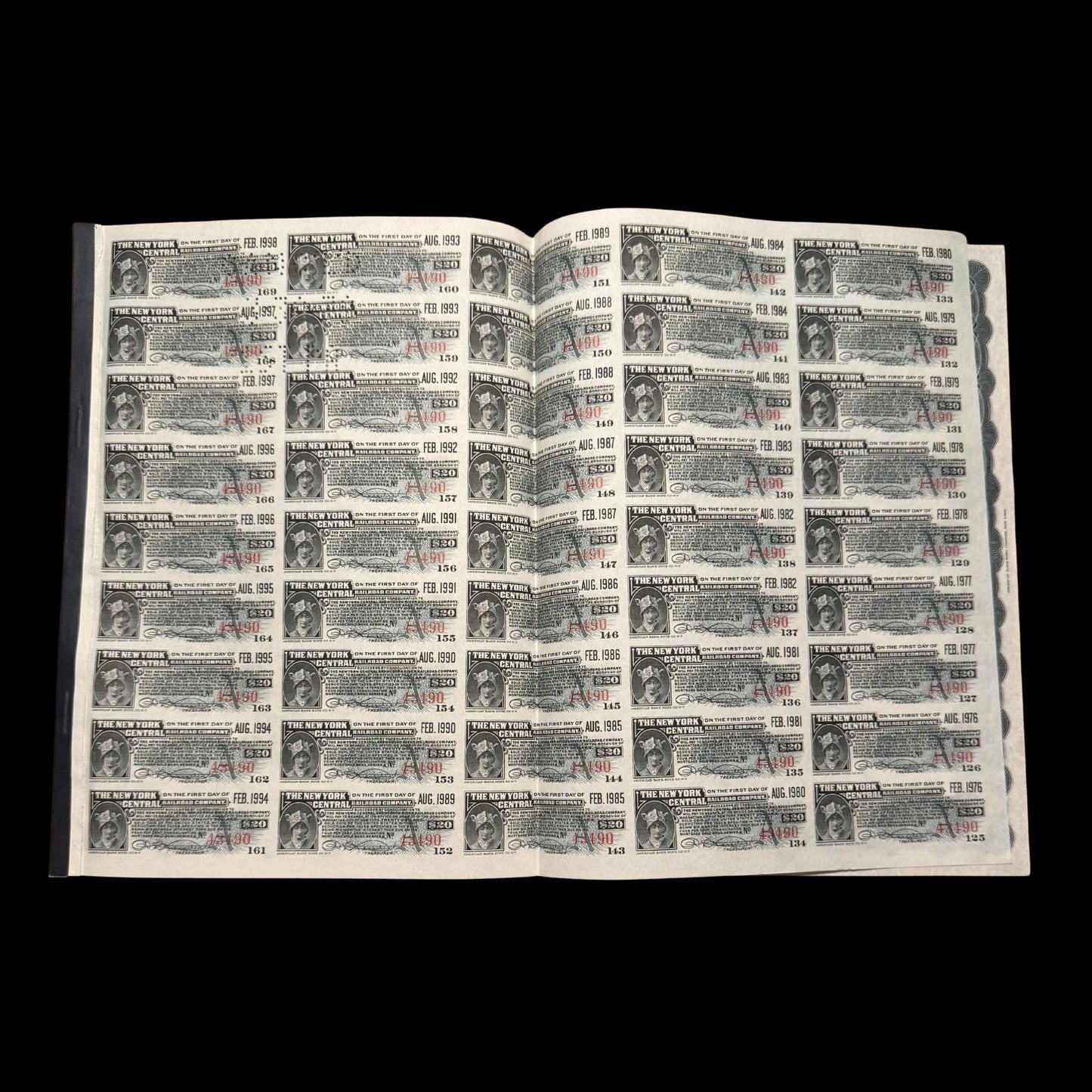 1913 年纽约中央铁路公司债券(附有息票)