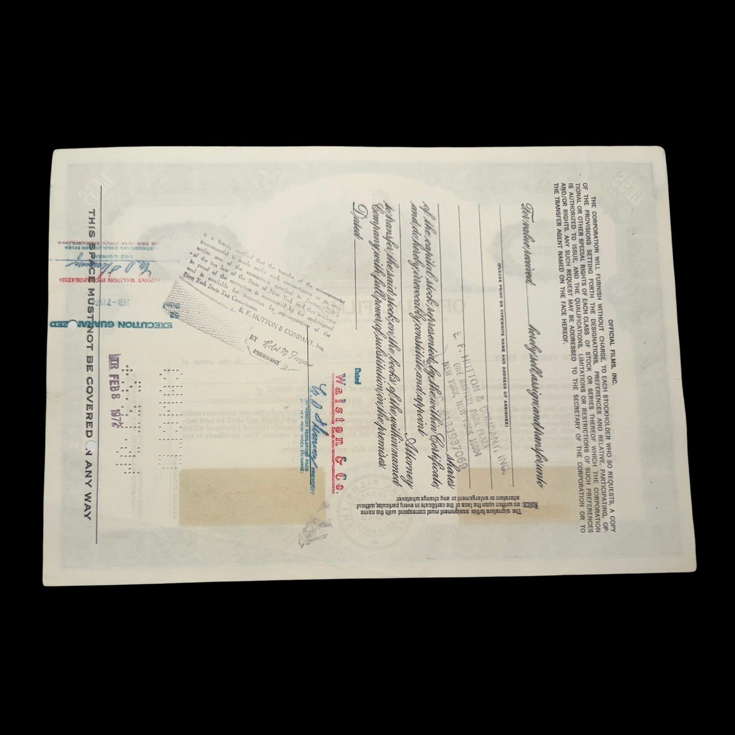 1972 年官方电影公司股票证书(电影经销商)