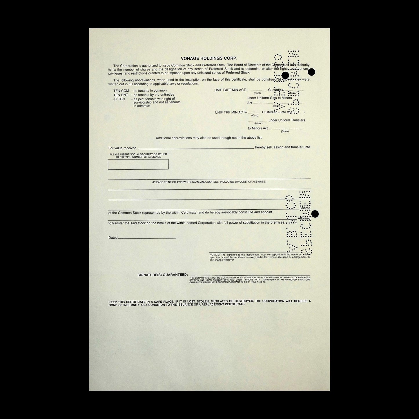 Vonage VOIP Stock Certificate from 2000s (dot com era)