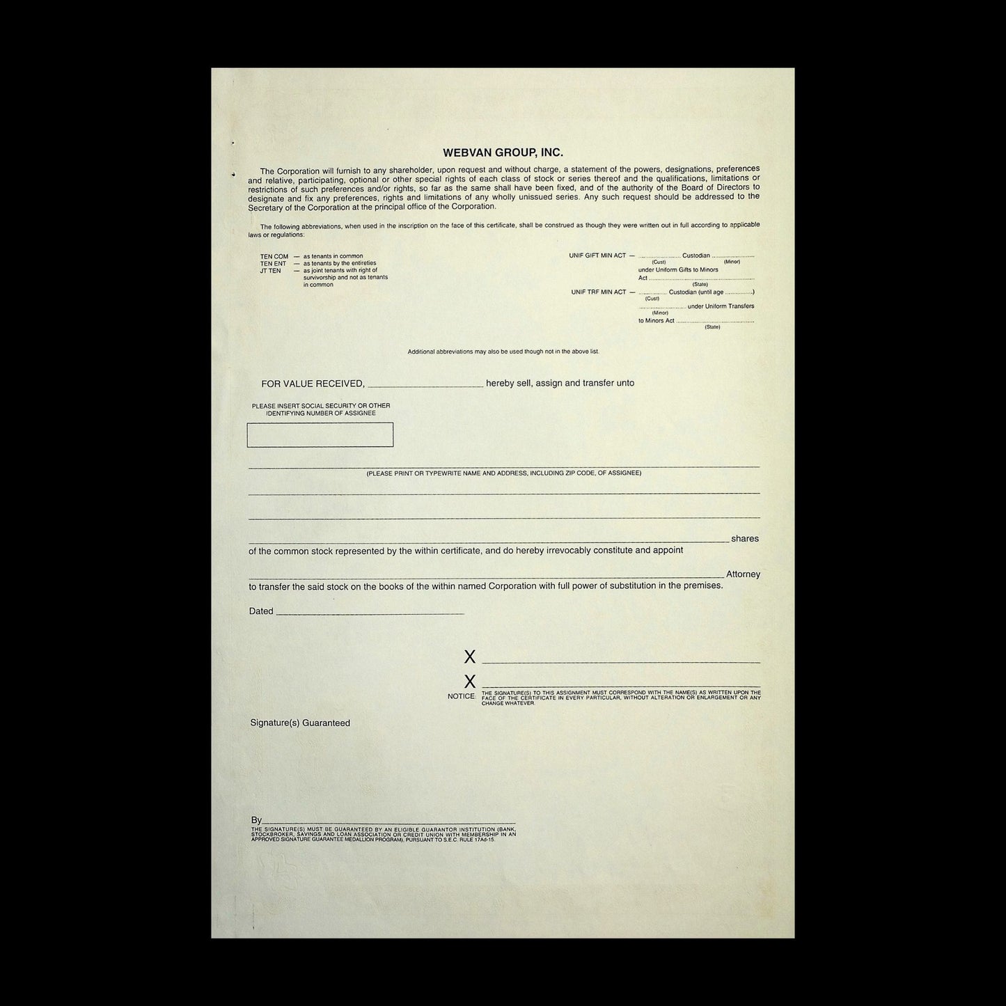 Webvan.com (Dot Com Causality) Stock Certificate from 2001