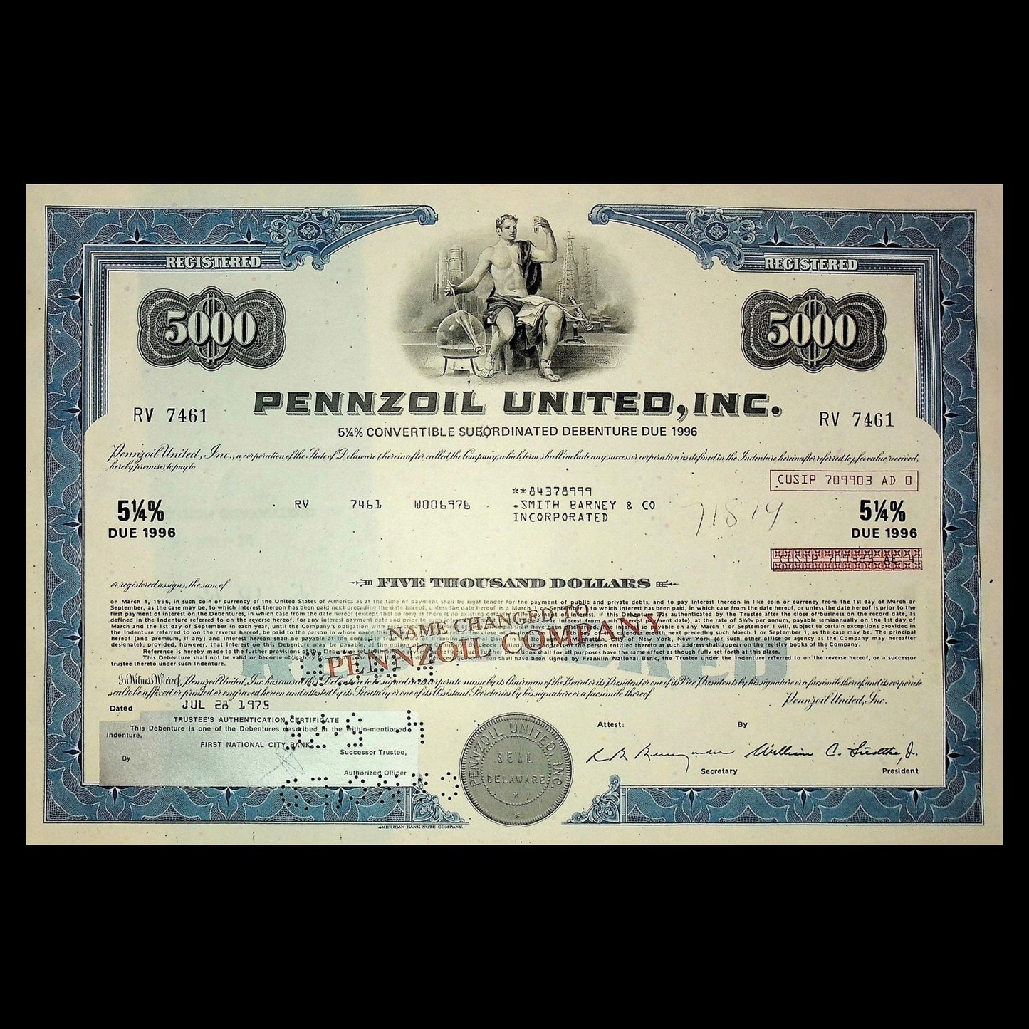 20 世纪 70 年代的 Pennzoil United Inc(现为 Shell)债券证书
