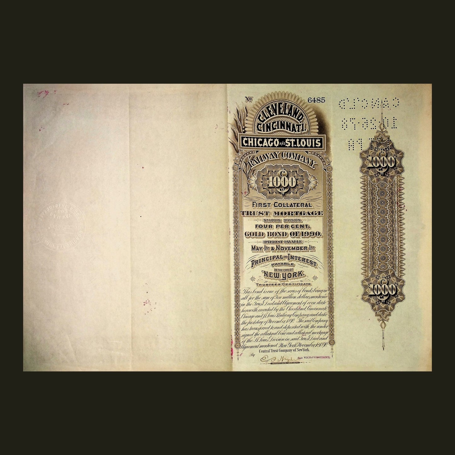 The Cleveland, Cincinnati, Chicago and St Louis Railway Company Bond for $1000 from 1890