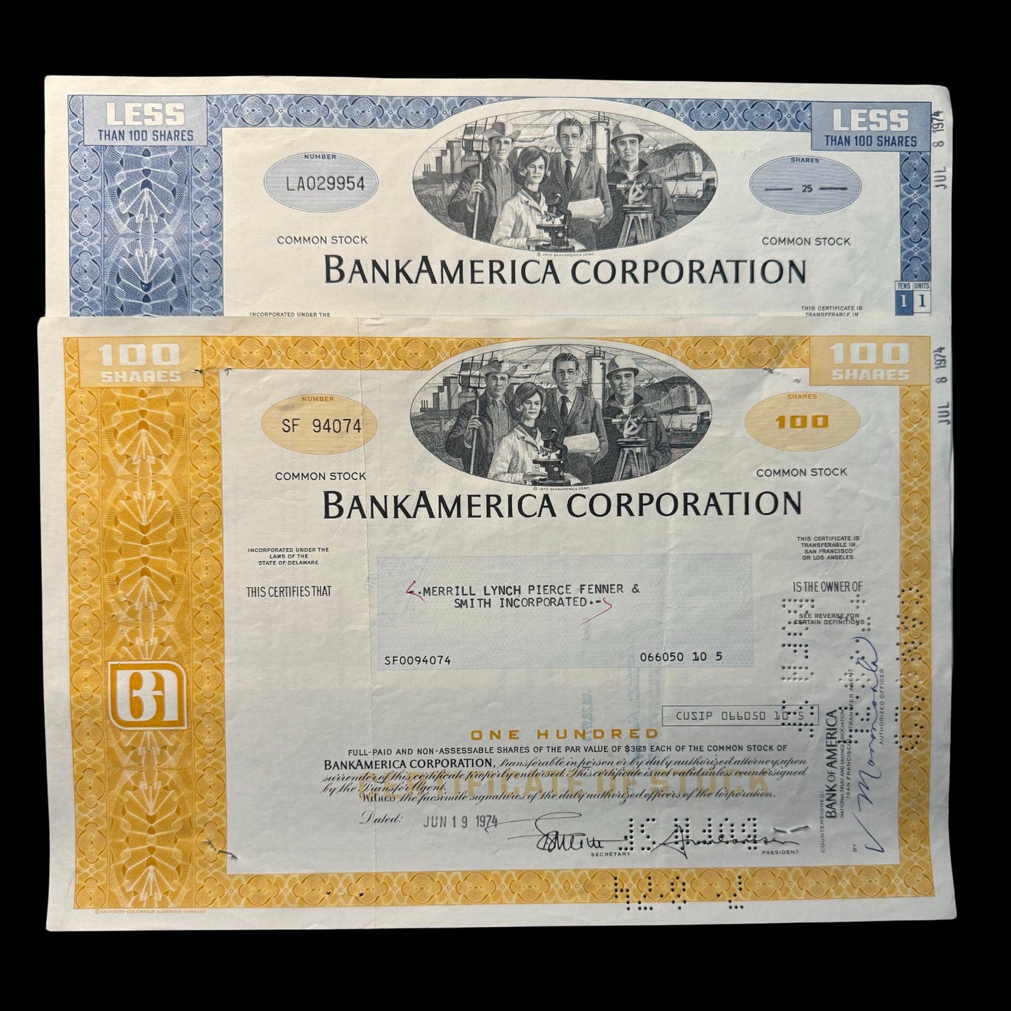 BankAmerica Corporation Stock Certificate from 1970 (now Bank of America)