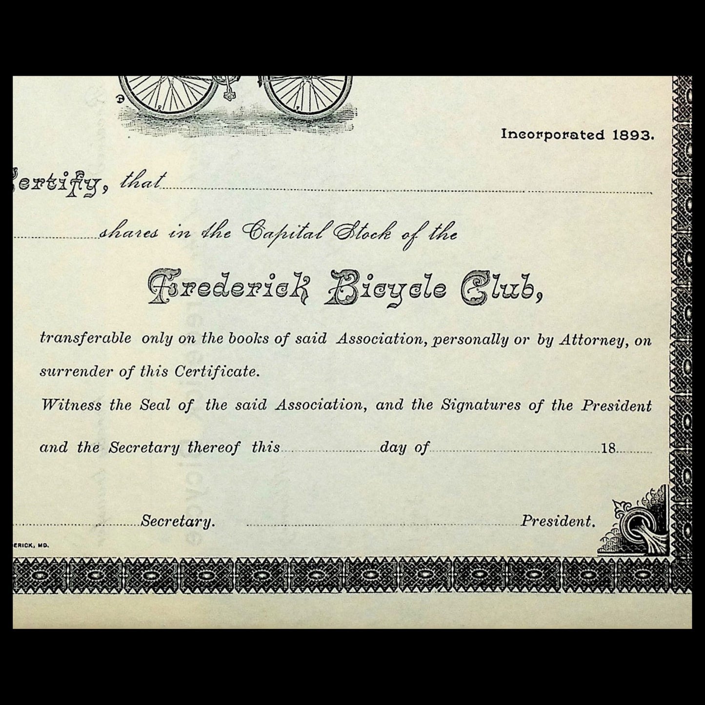 Frederick's Bicycle Club Stock Certificate from 1893 (Unissued)