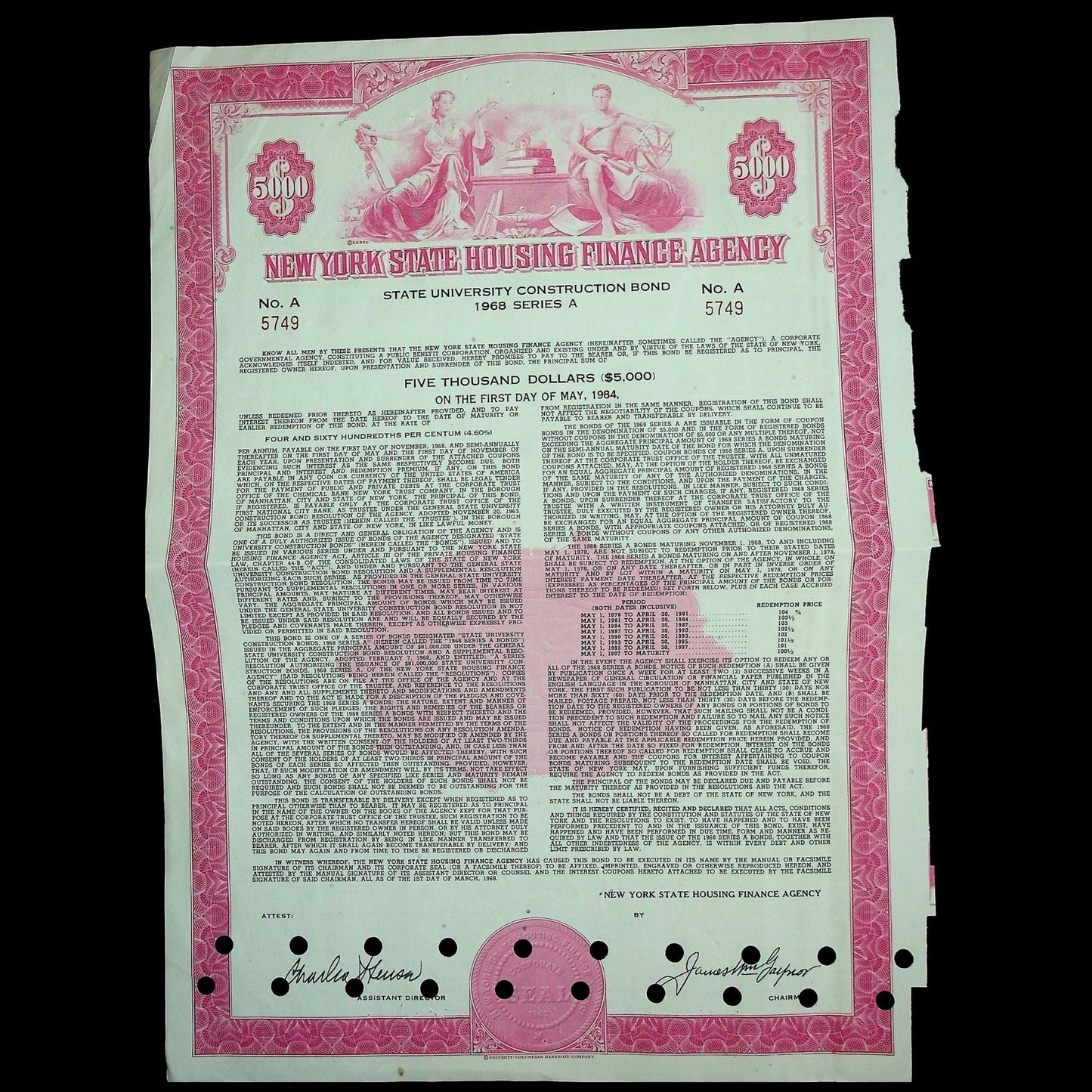 纽约州住房管理局债券证书 1973 年