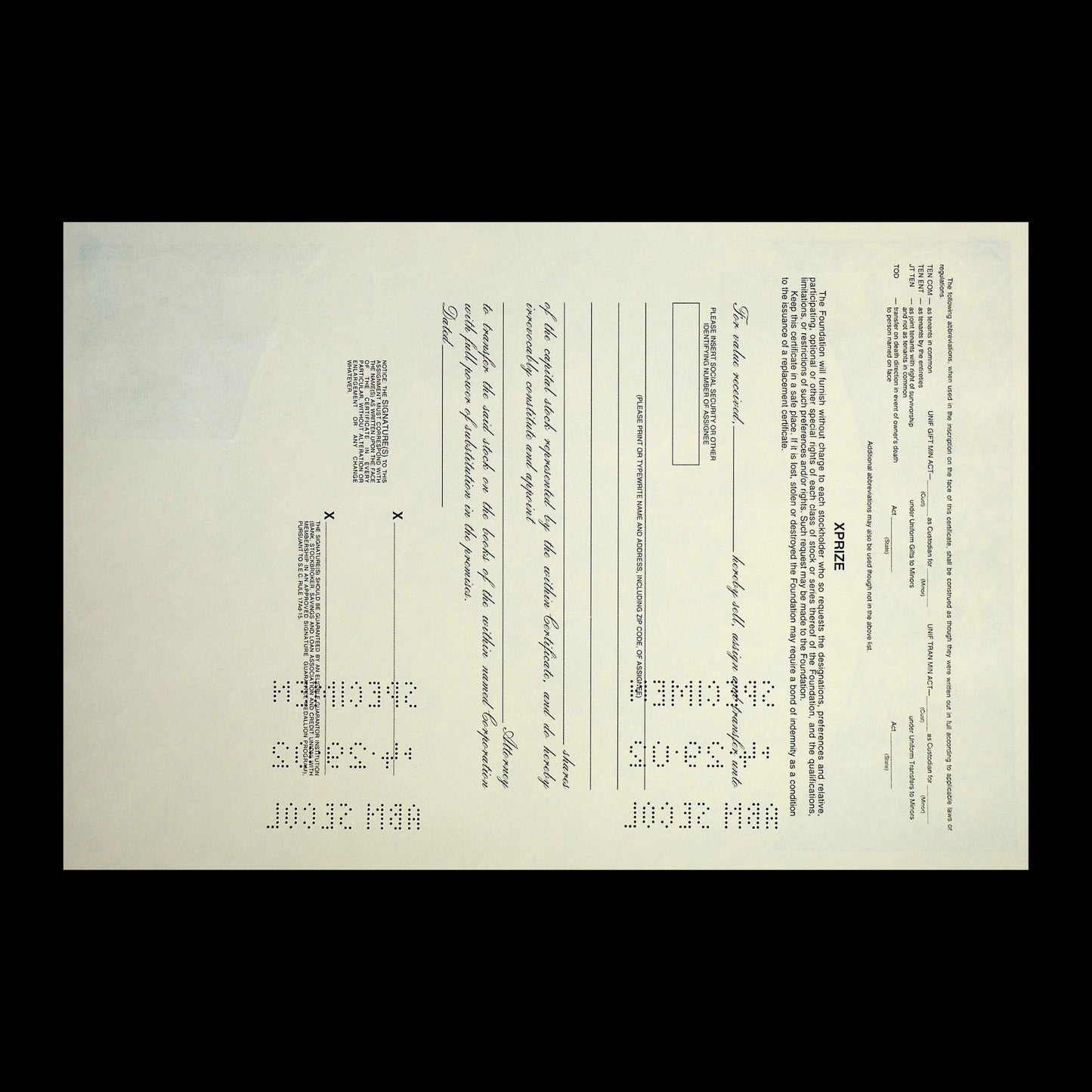 X Prize Lindberg 75th Anniversary Flight Stock Certificate Specimen from 2004