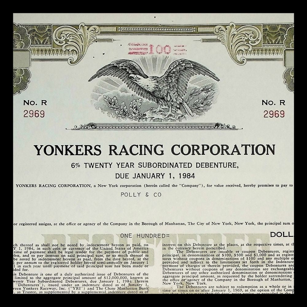 Yonkers Racing Corporation (Empire City Casino) Bond Certificate from 1972