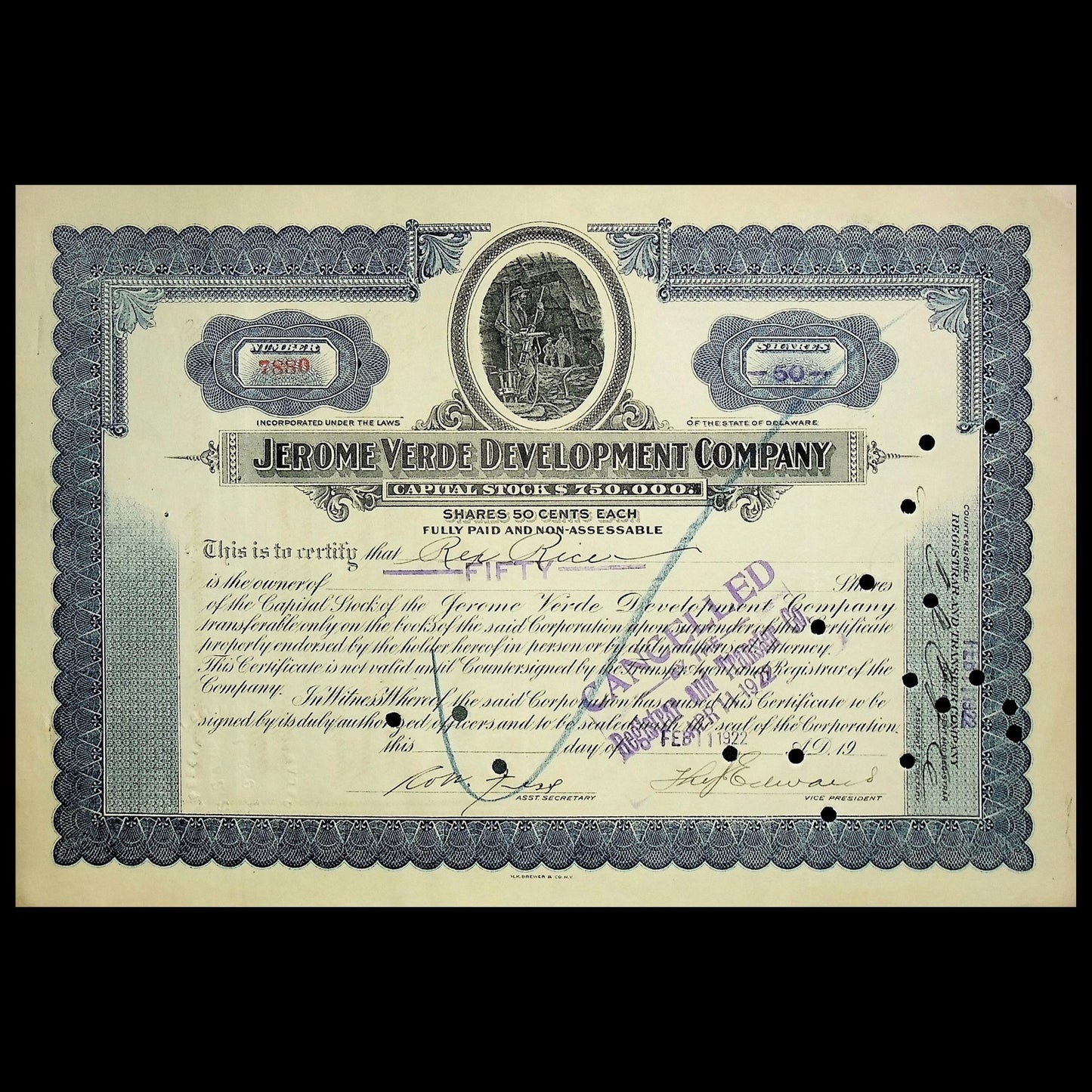 Jerome Verde (Arizona) Development Company Stock Certificate from 1920s