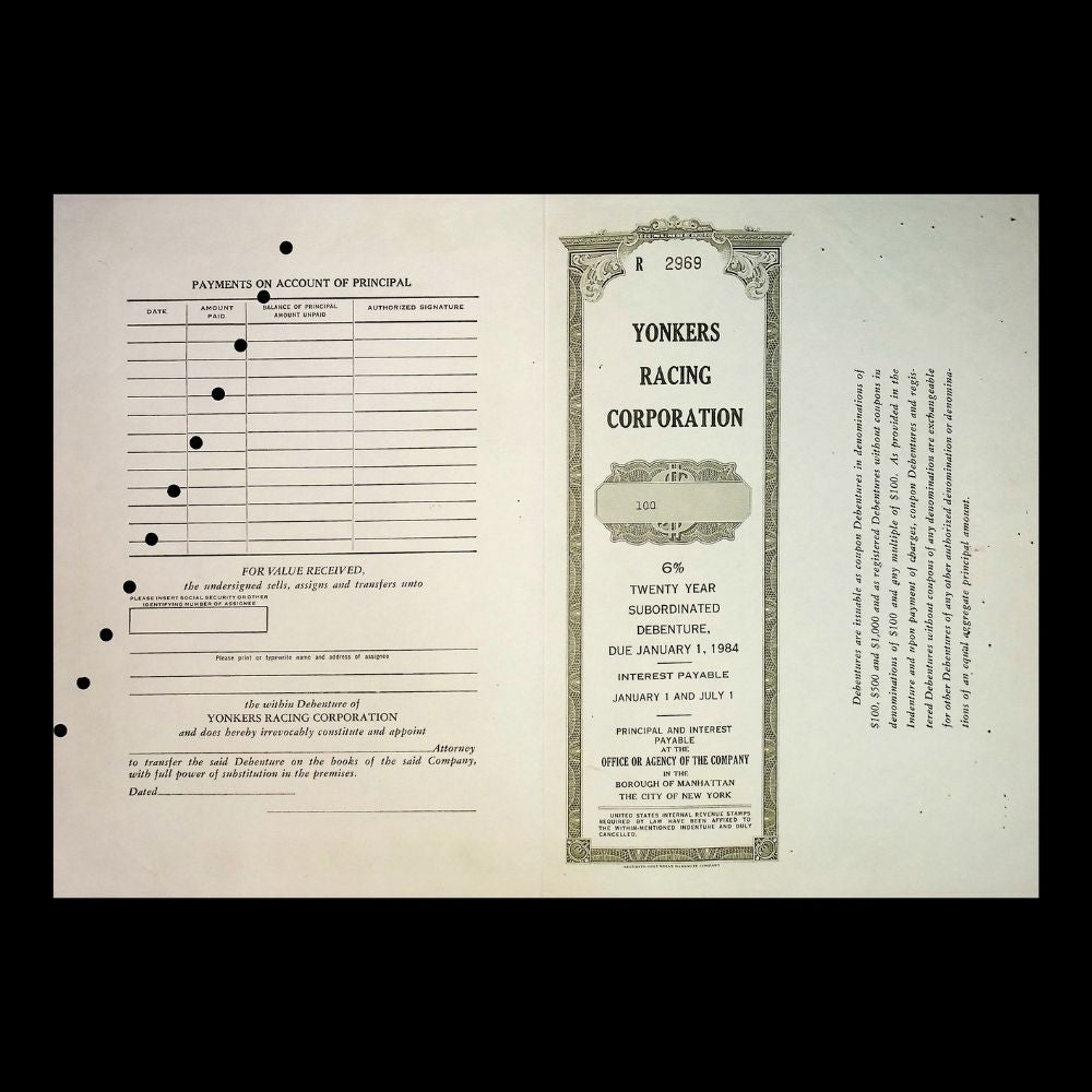 Yonkers Racing Corporation (Empire City Casino) Bond Certificate from 1972