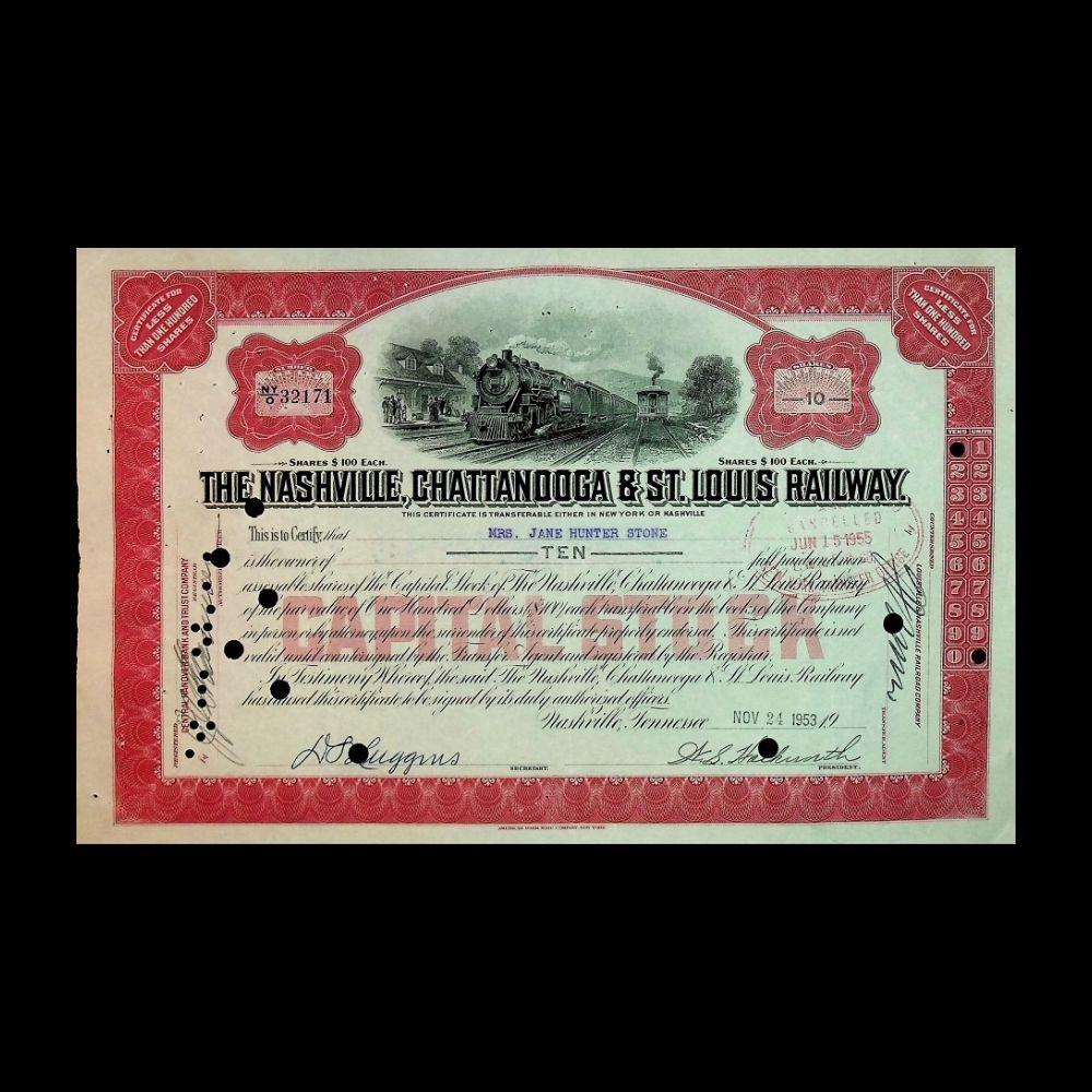 Vintage stock certificate for the Nashville, Chattanooga & St. Louis Railway with red and green design.