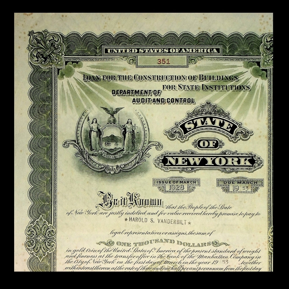 State of New York Bond issued to Harold S. Vanderbilt from 1921 - 1940s (Green)