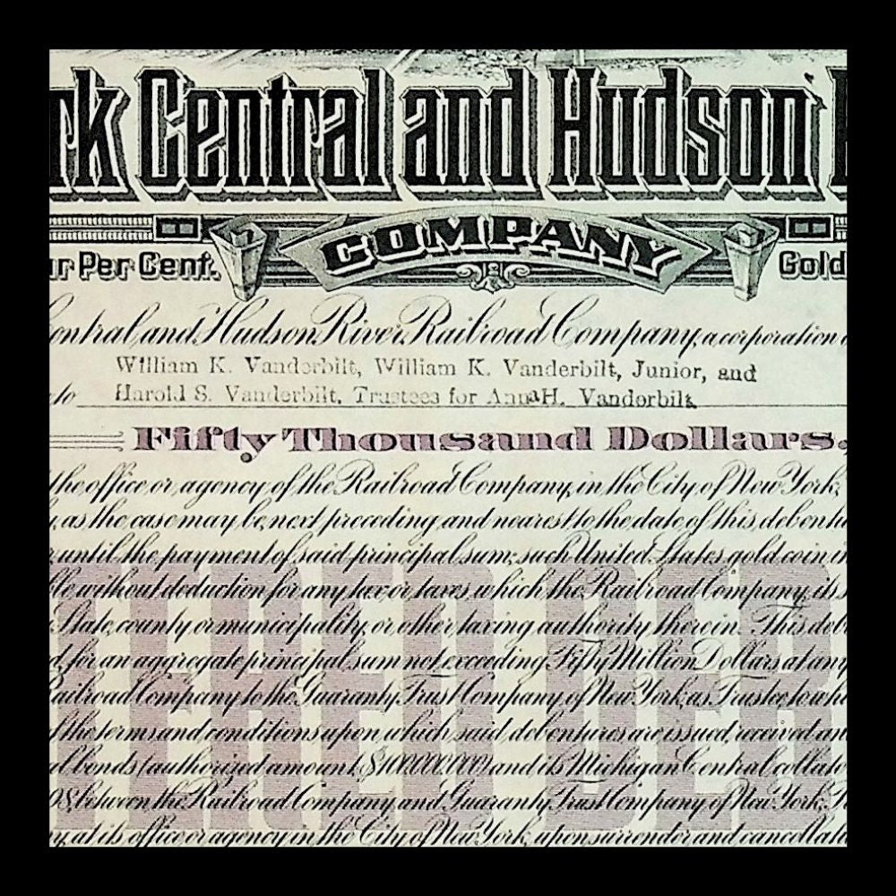 New York Central and Hudson River Railroad Company $5k Bond from 1918, Issued to William K. Vanderbilt