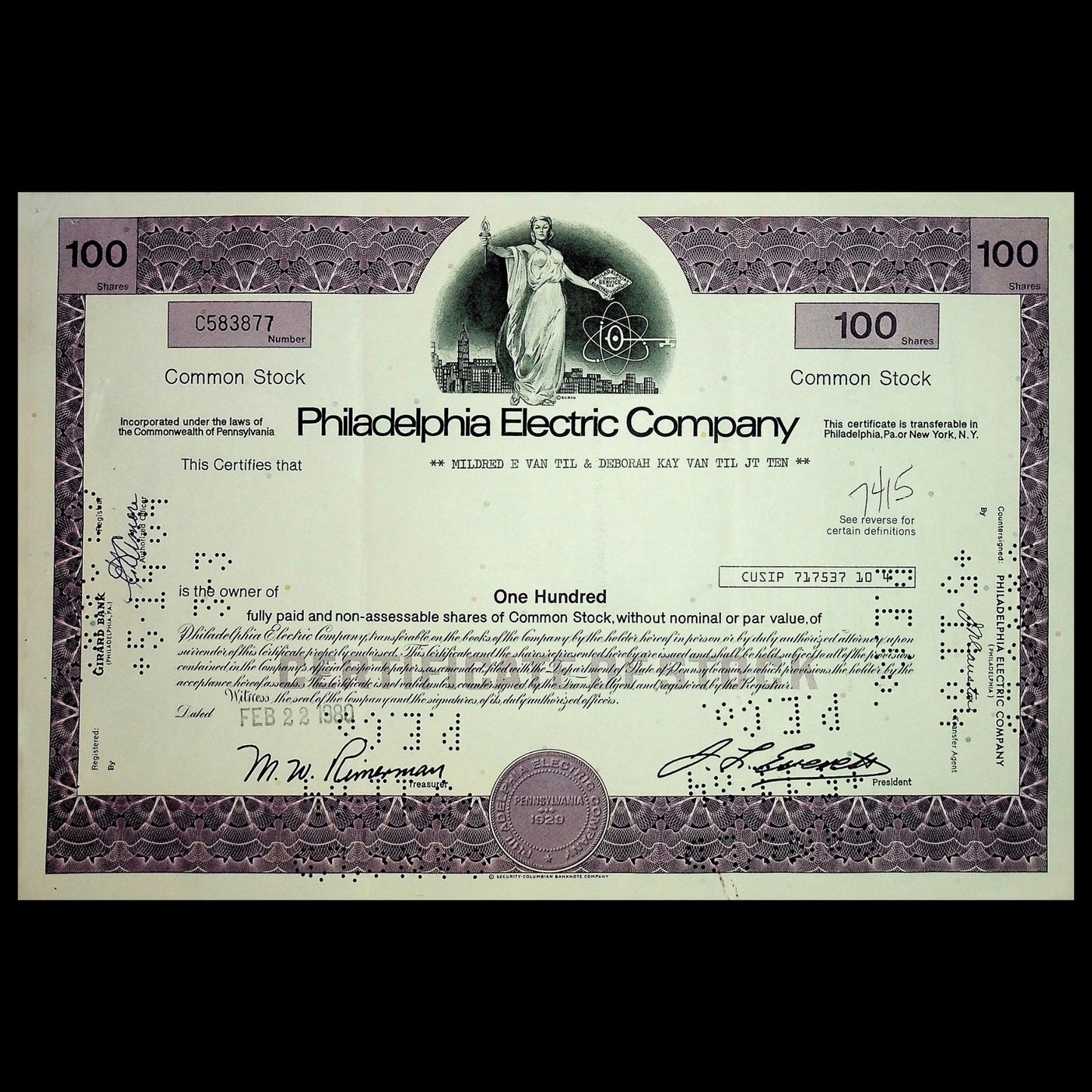 Philadelphia Electric Company (now Exelon) Stock Certificate