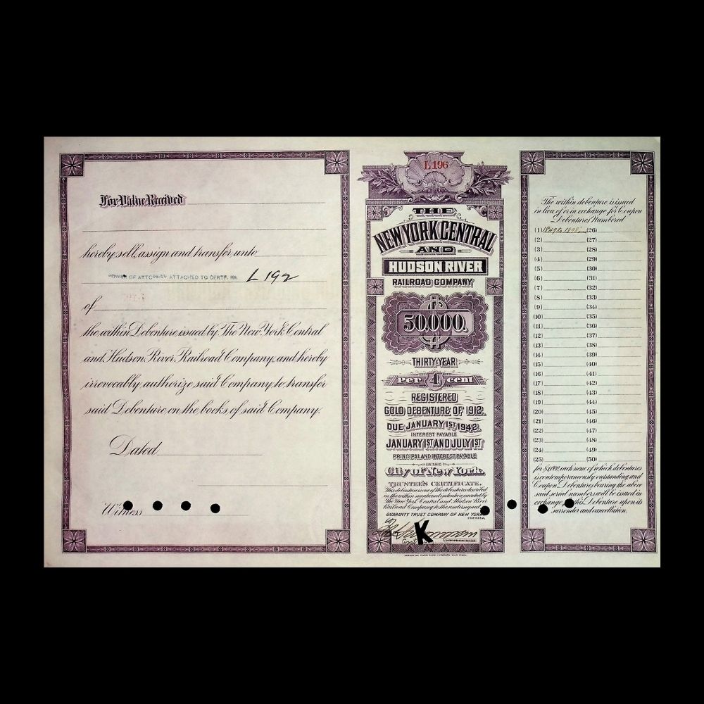 New York Central and Hudson River Railroad Company $5k Bond from 1918, Issued to William K. Vanderbilt