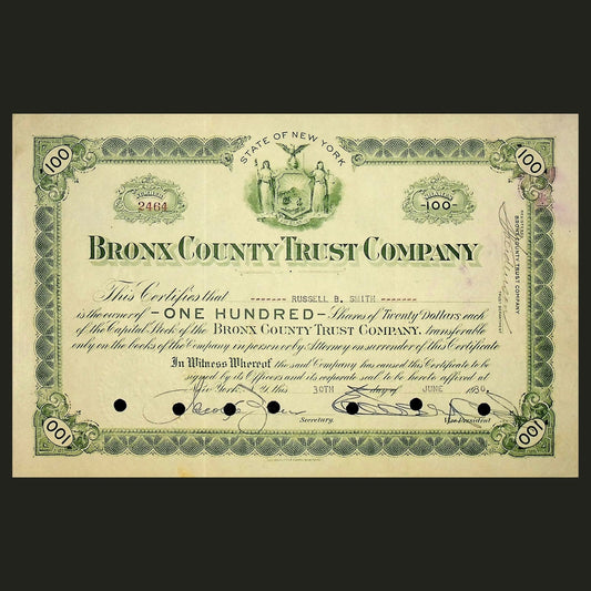 Bronx County Trust Company Stock Certificate from 1920s - 1930s