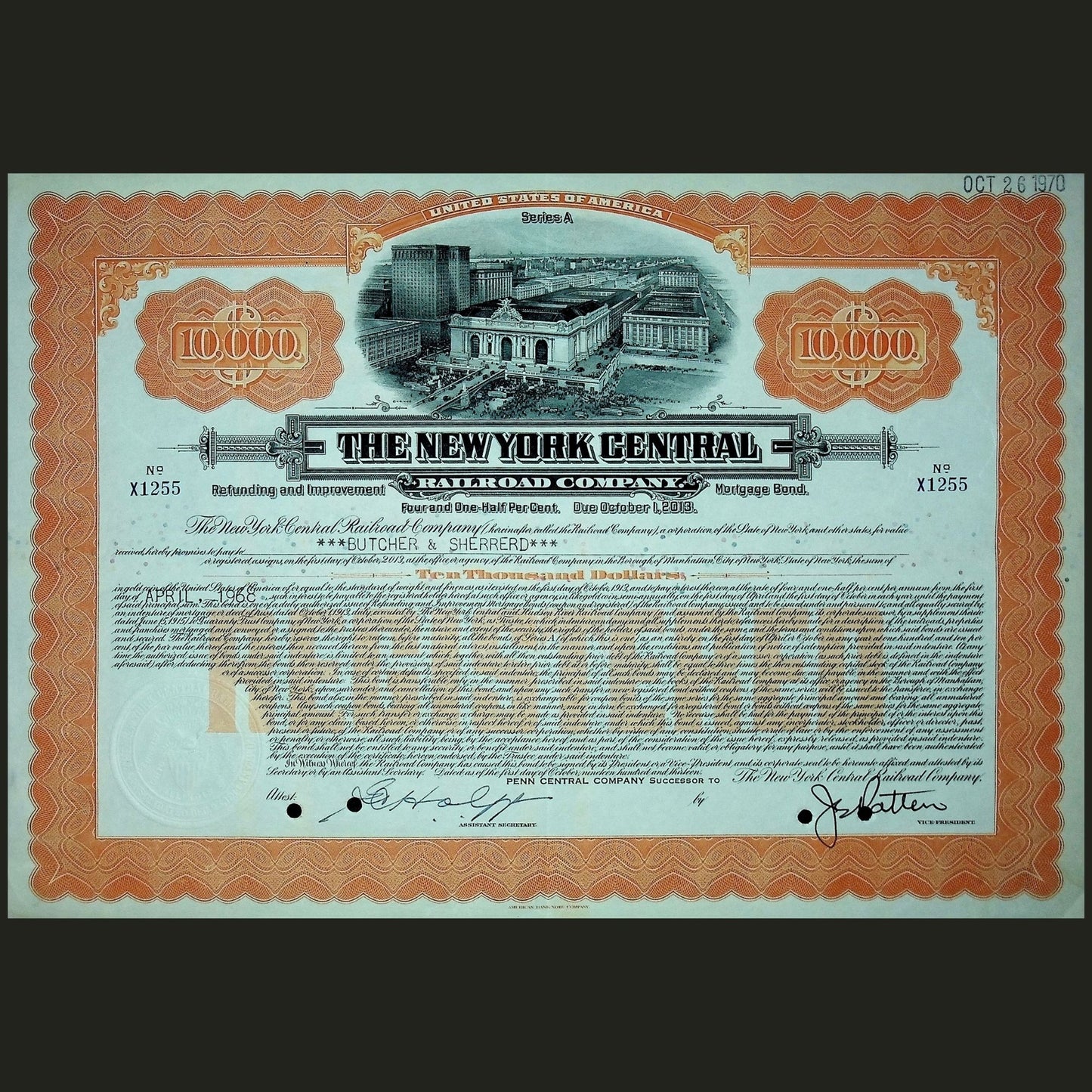 20 世纪 60 年代纽约中央铁路公司债券(中央车站) - 3 种颜色可选