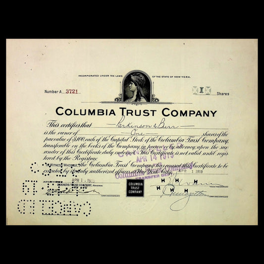 Columbia Trust Company Stock Certificate from 1919
