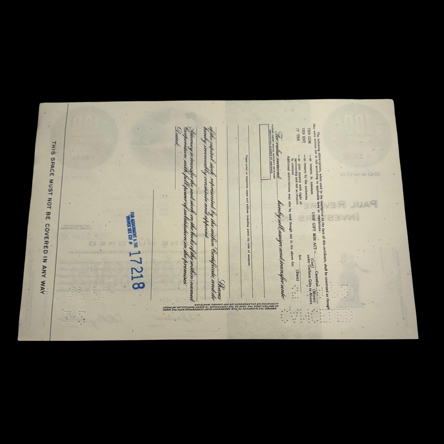 Paul Revere Investors Inc,股票证书