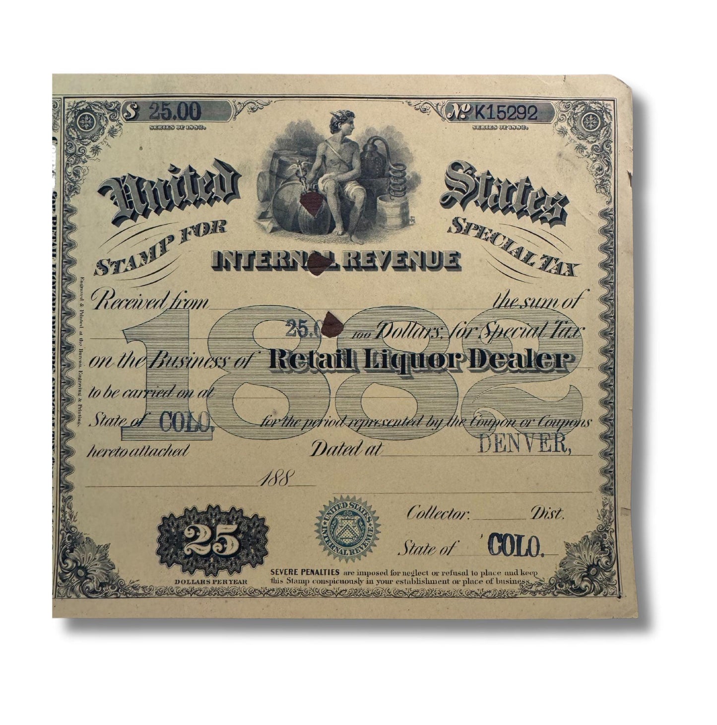1870/80 年代美国国税局零售酒类许可证经销商证书