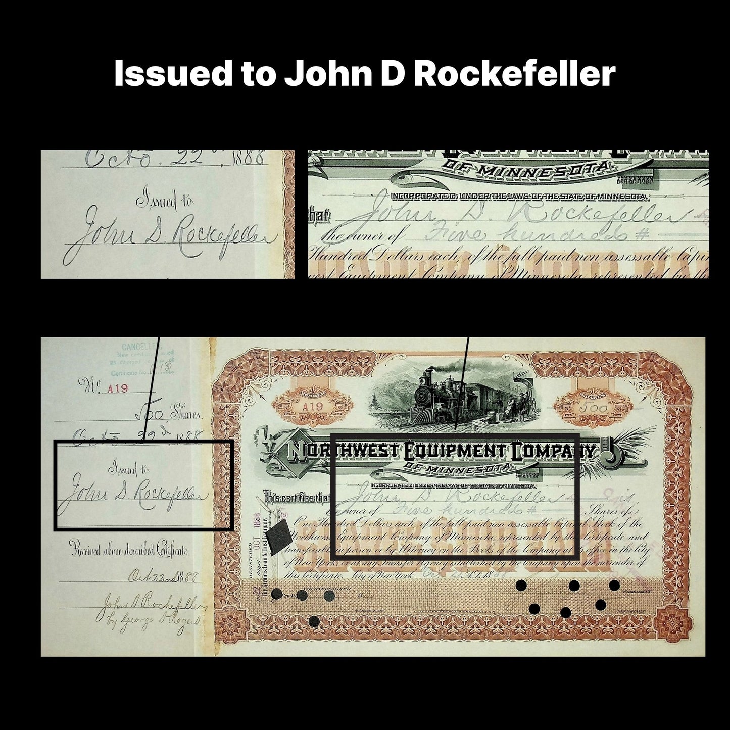 Signed by John D Rockefeller - Northwest Equipment Company Stock Certificate from 1888