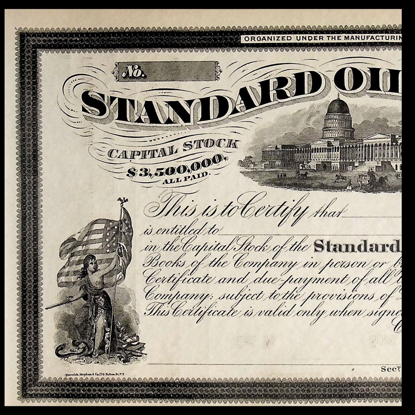 Standard Oil Company Unissued Stock Certificate from 1870s