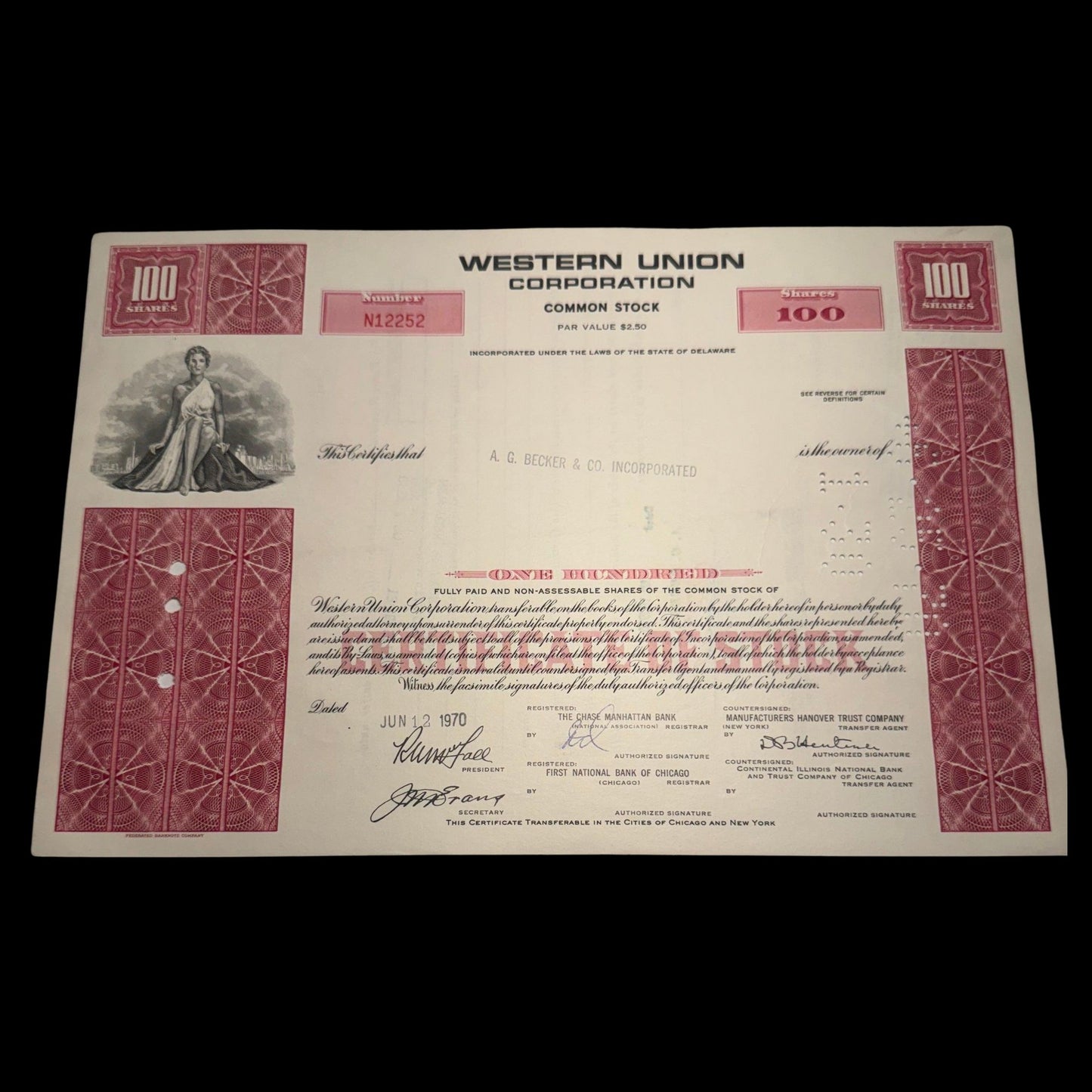 西联电报公司 1960 年代股票证书 - 红色/棕色