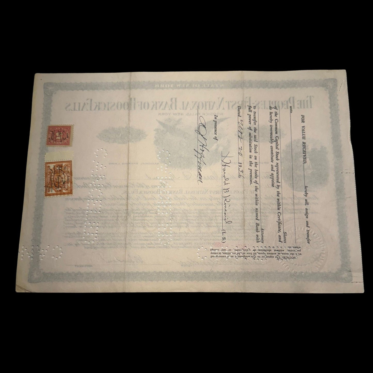 1953 年纽约胡西克福尔斯人民第一国民银行股票证书