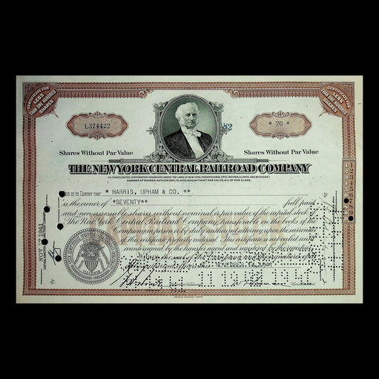 New York Central Railroad Company Stock Certificate from 1950s - 1960s