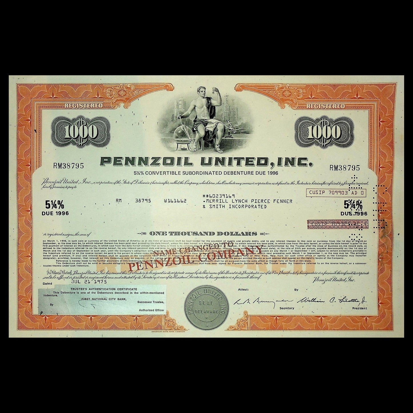 20 世纪 70 年代的 Pennzoil United Inc(现为 Shell)债券证书