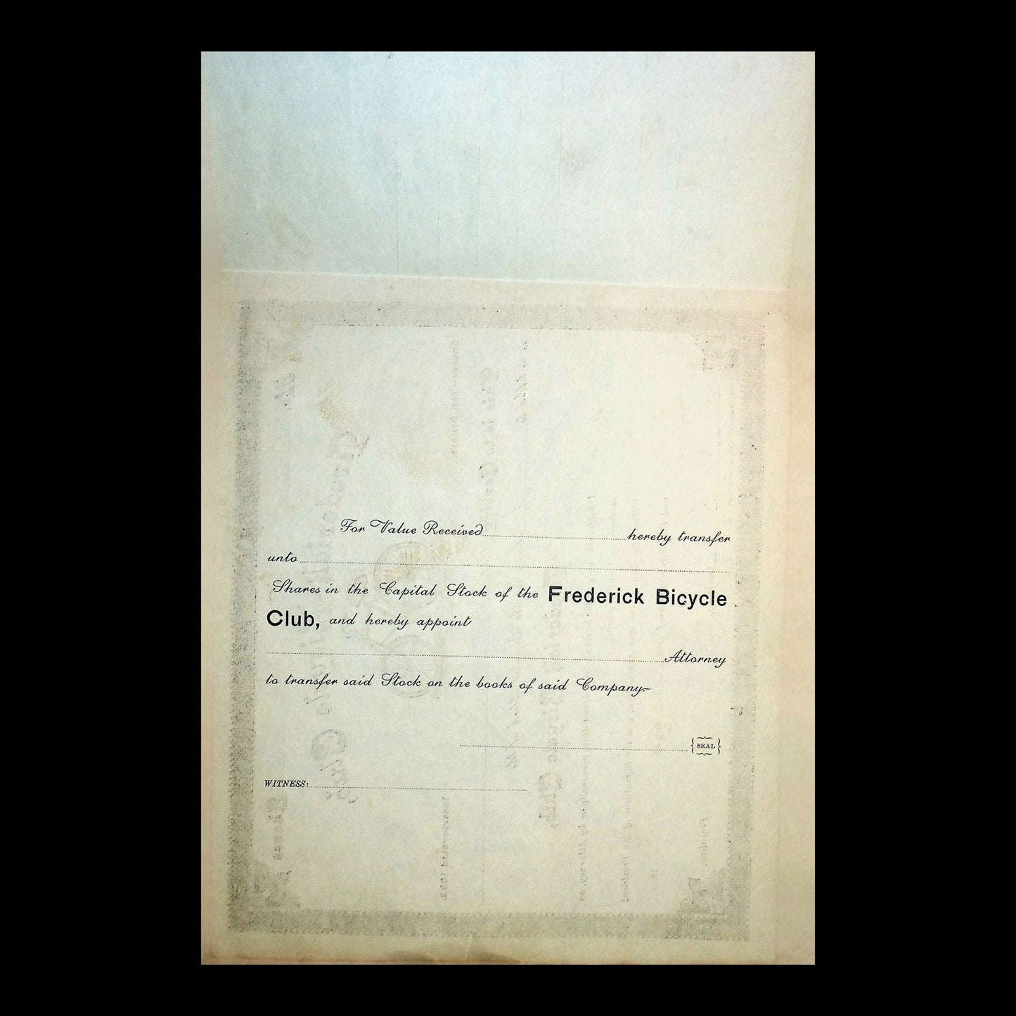 Frederick's Bicycle Club Stock Certificate from 1893 (Unissued)