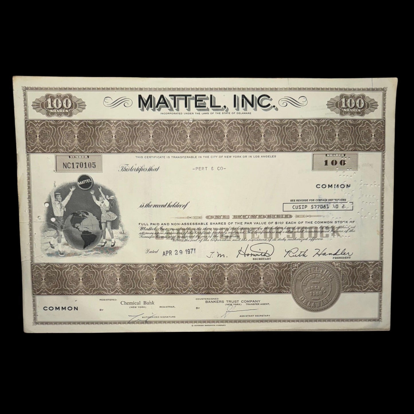 美泰公司股票证书(玩具公司)$MAT,20 世纪 70 年代