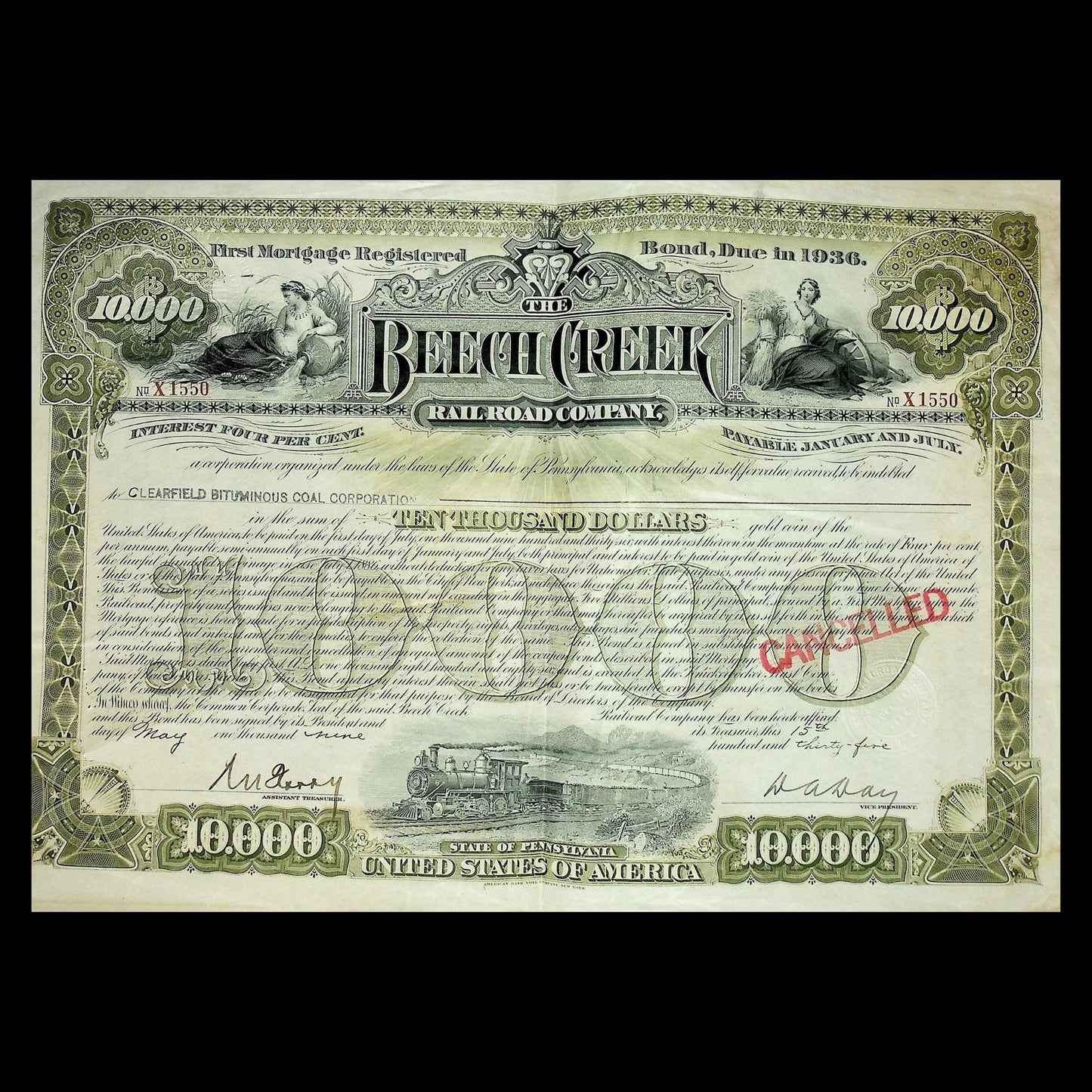 1939 年 Beech Creek 铁路债券证书