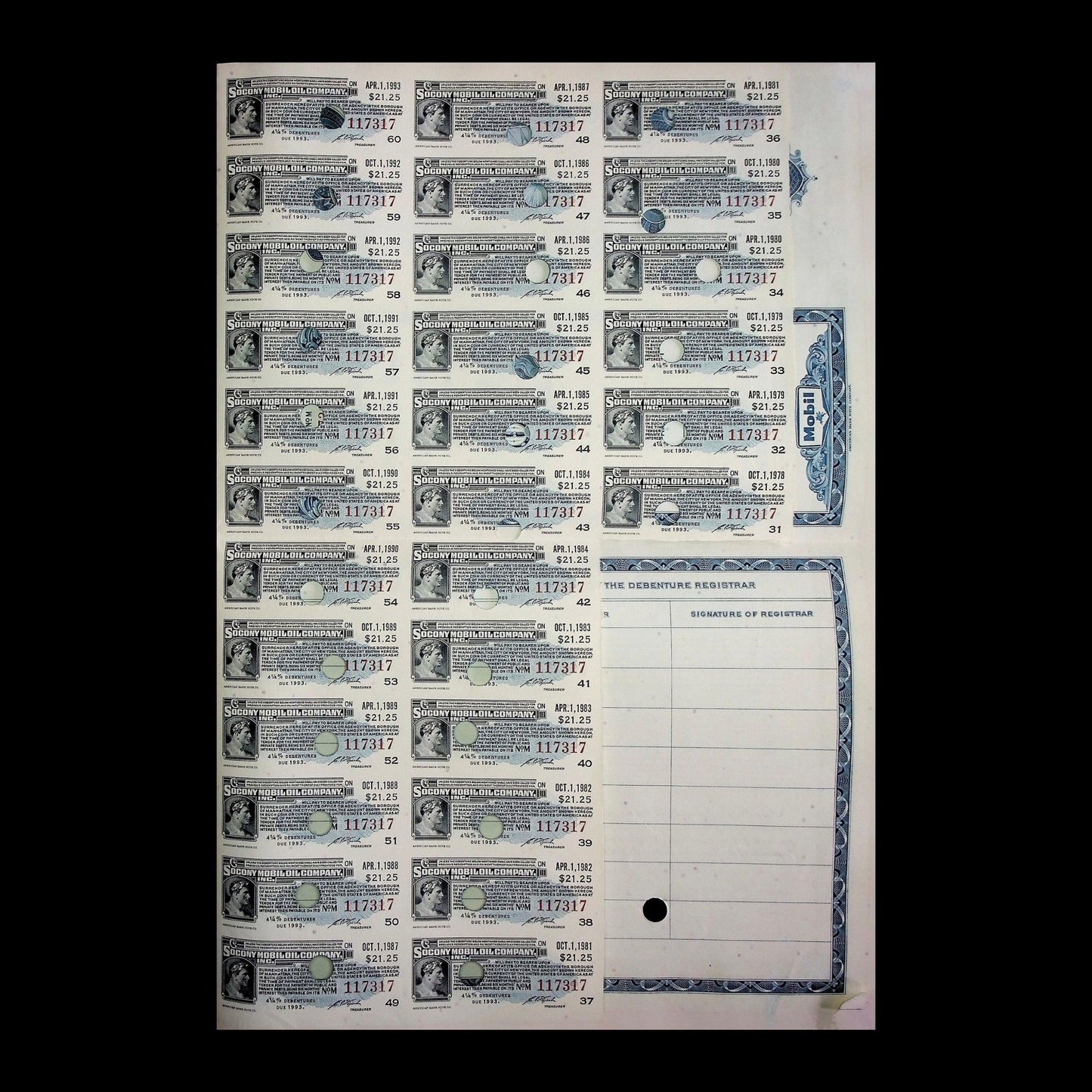 1963 年 Socony Mobil 石油公司债券证书(附有息票)
