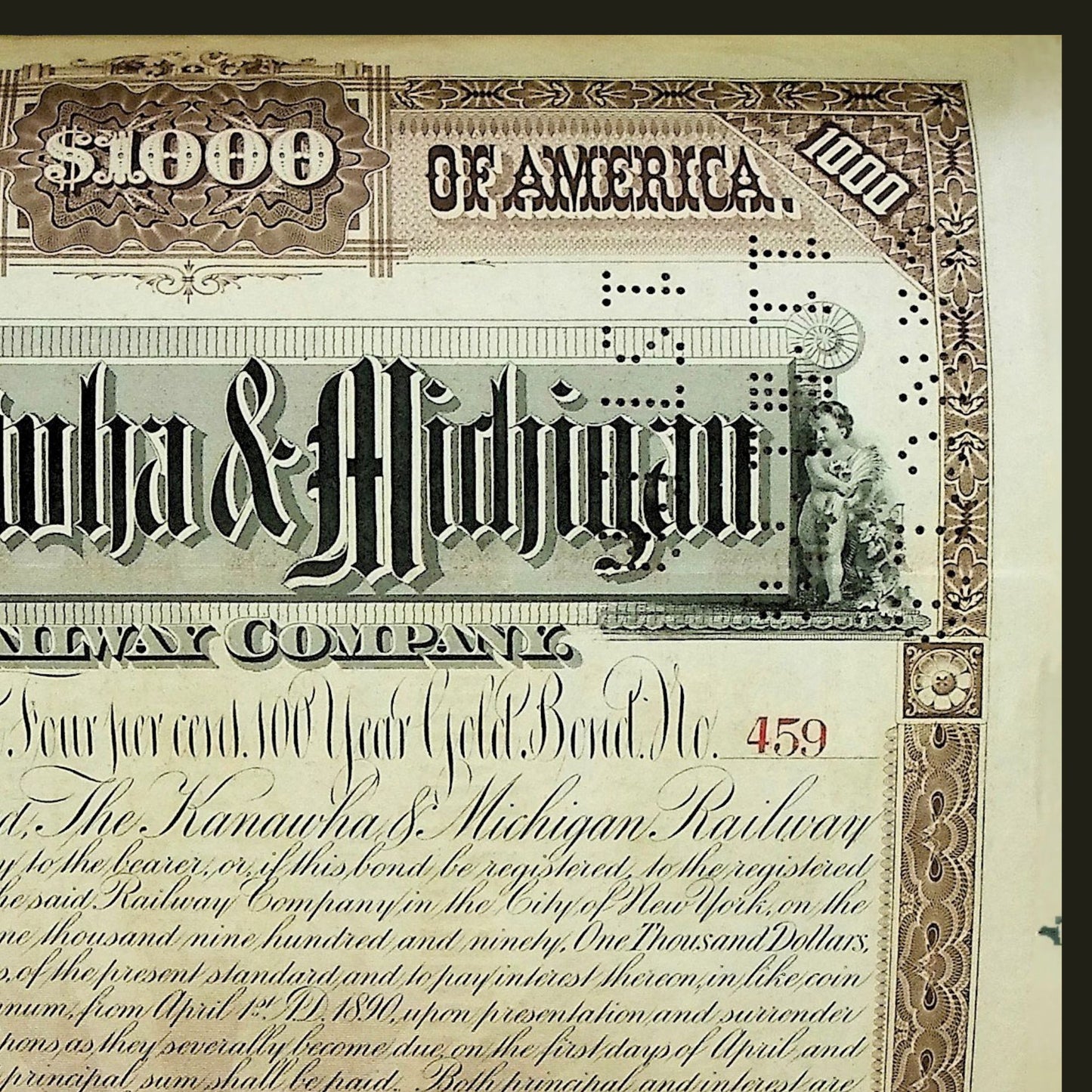 Kanawha & Michigan (West Virginia and Ohio) Railway Company Bond from 1890