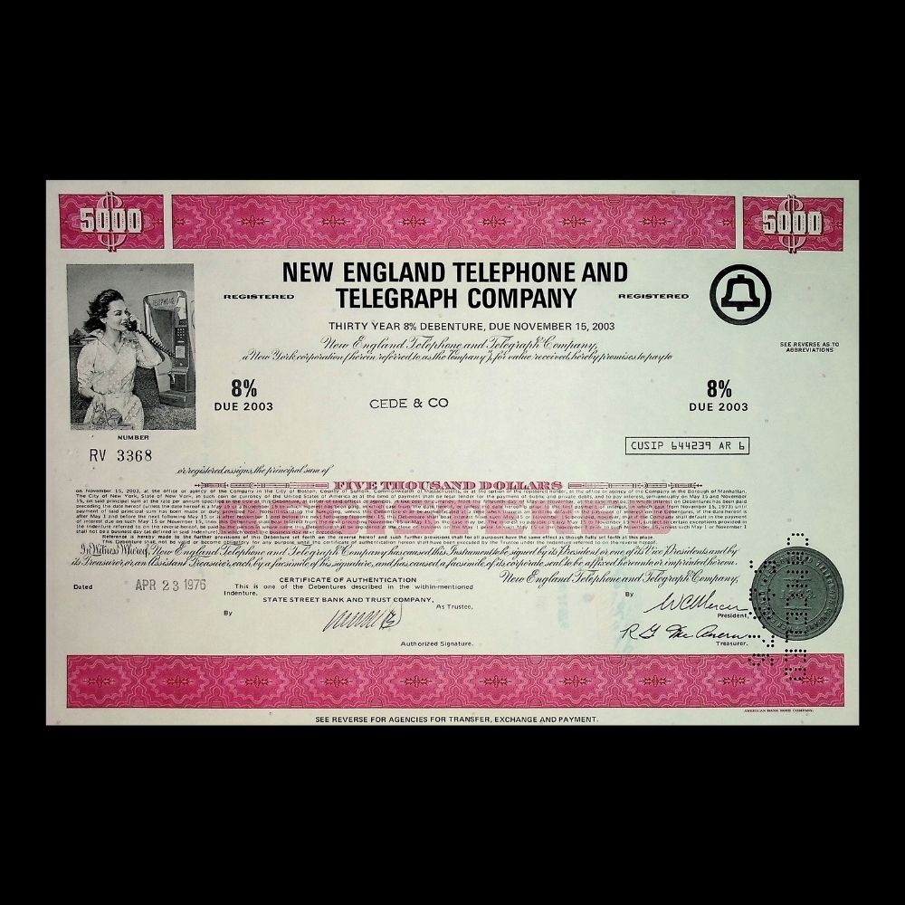 New England Telephone and Telegraph Company Stock Certificate from 1970s – Multi-Color