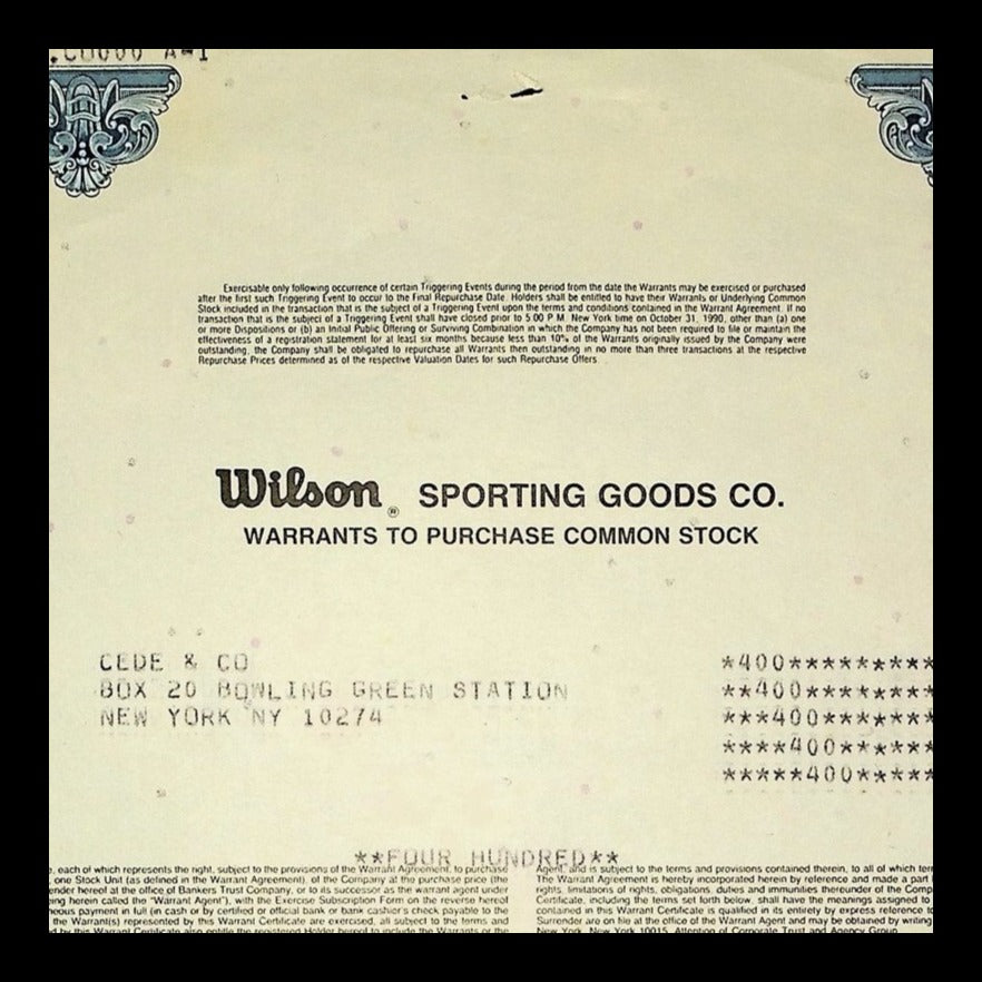 Wilson Sporting Goods Co. Stock Warrant Certificate from 1985