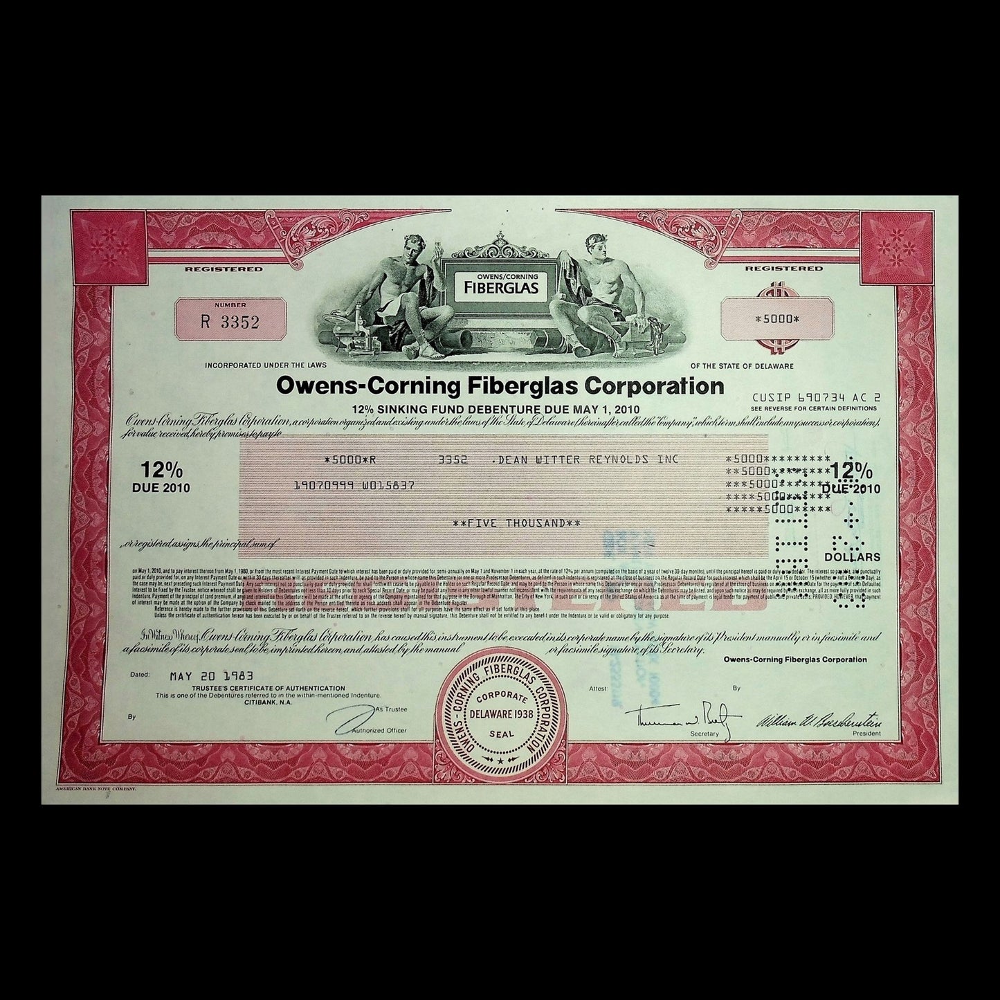 Owens-Corning Fiberglas Corporation Bond Certificate from 1983