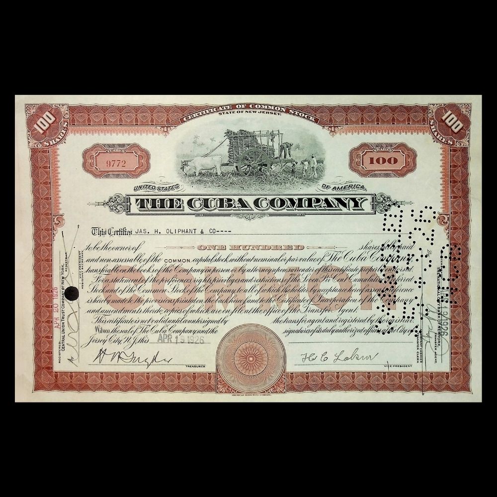 The Cuba Company Stock Certificate from 1920s