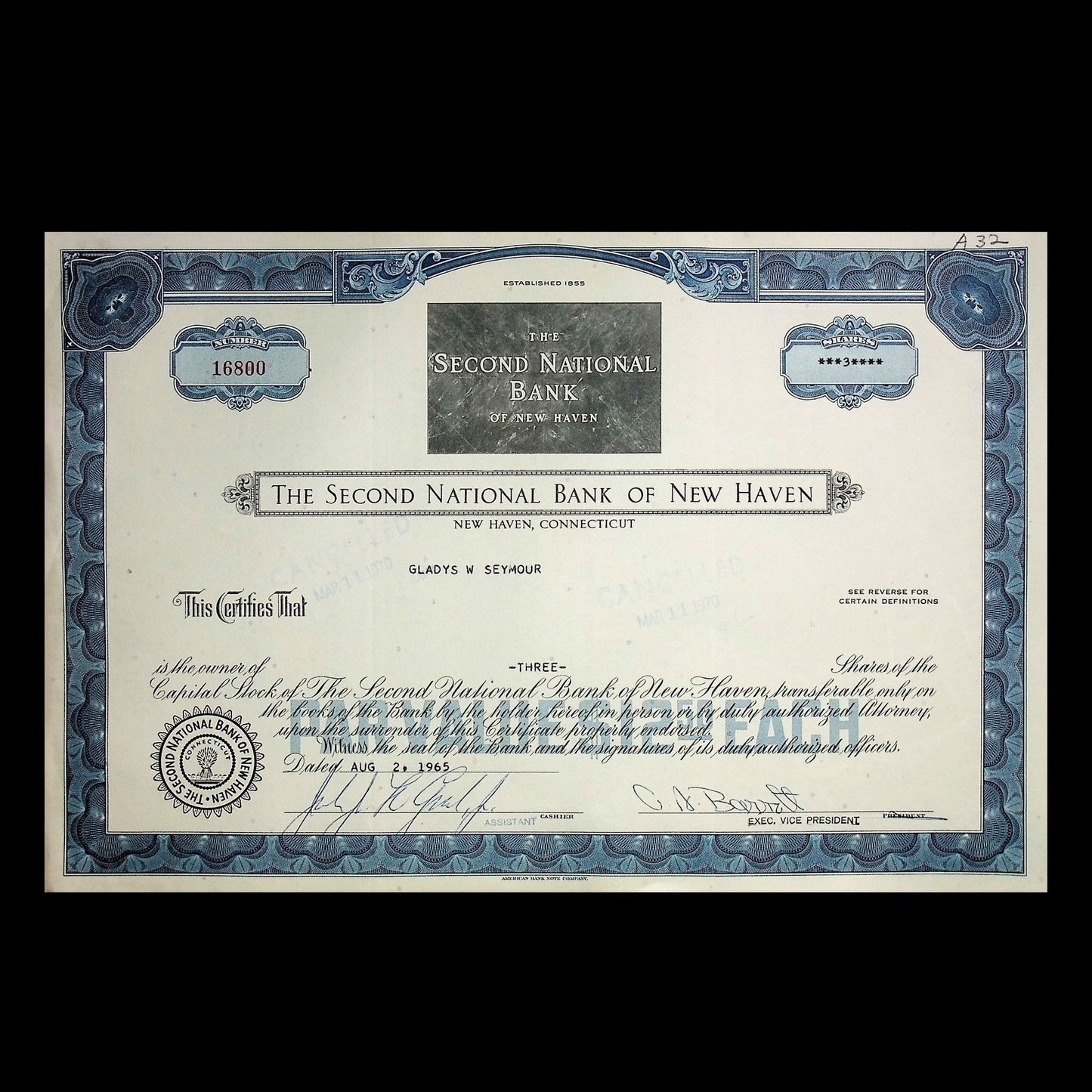 The Second National Bank of New Haven Stock Certificate from 1960s