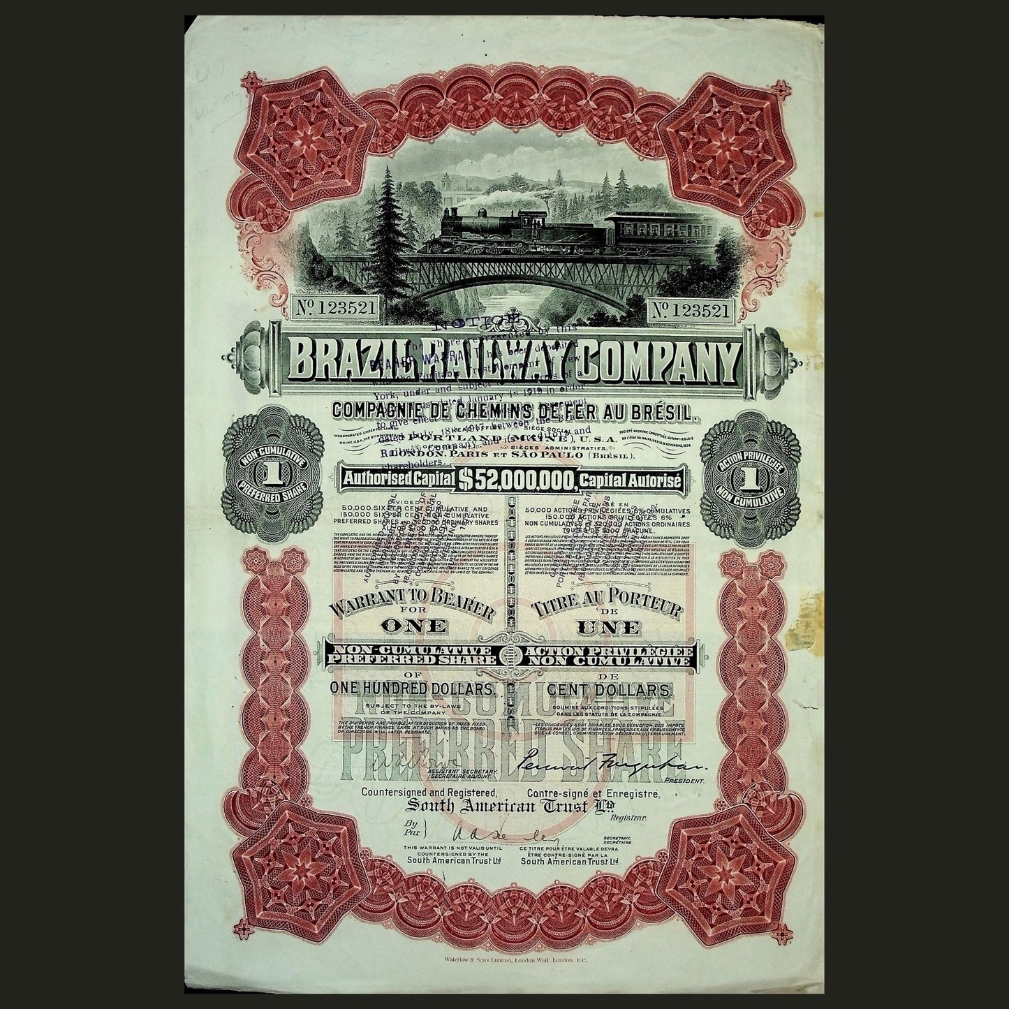 1919 年巴西铁路公司股票证书(附优惠券)