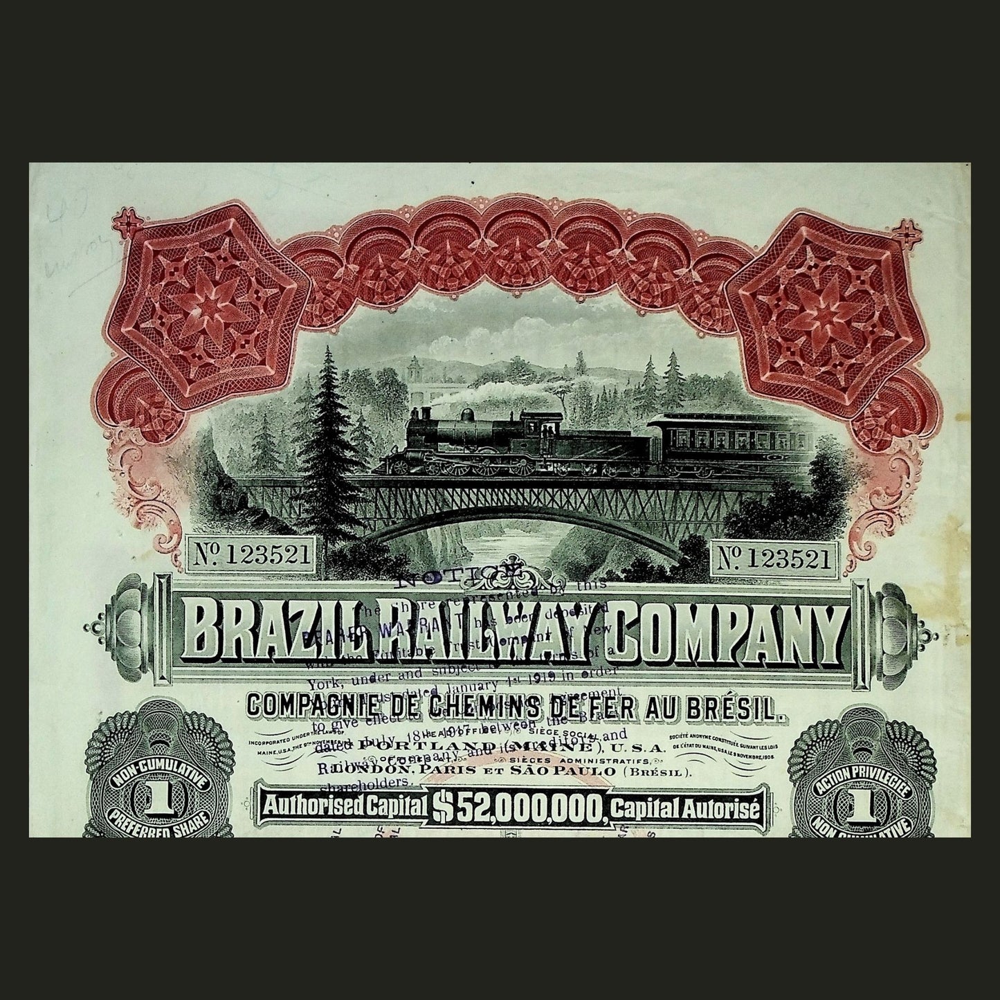 1919 年巴西铁路公司股票证书(附优惠券)