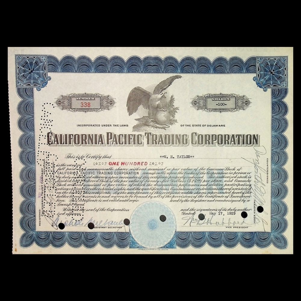 California Pacific Trading Corporation Stock Certificate from 1920s
