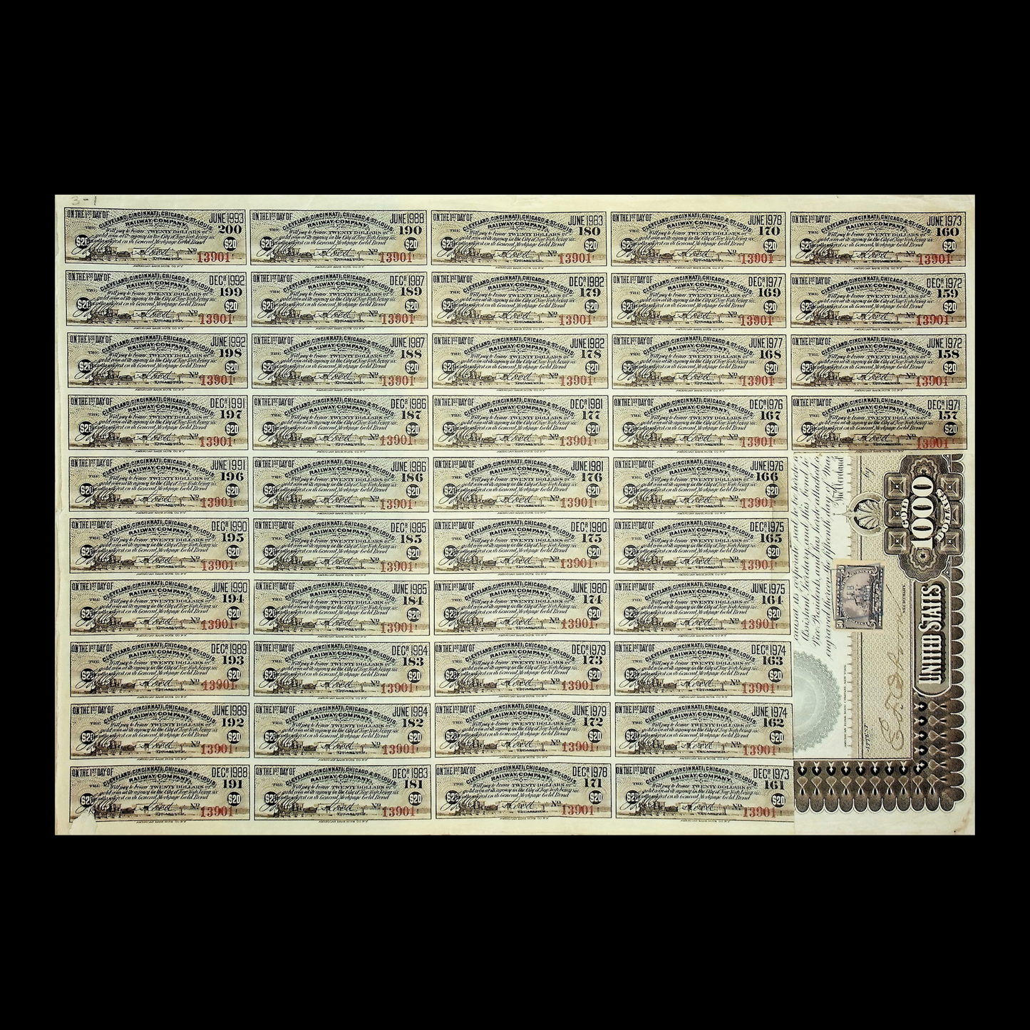 克利夫兰、辛辛那提、芝加哥和圣路易斯铁路公司 1893 年发行的 1000 美元债券