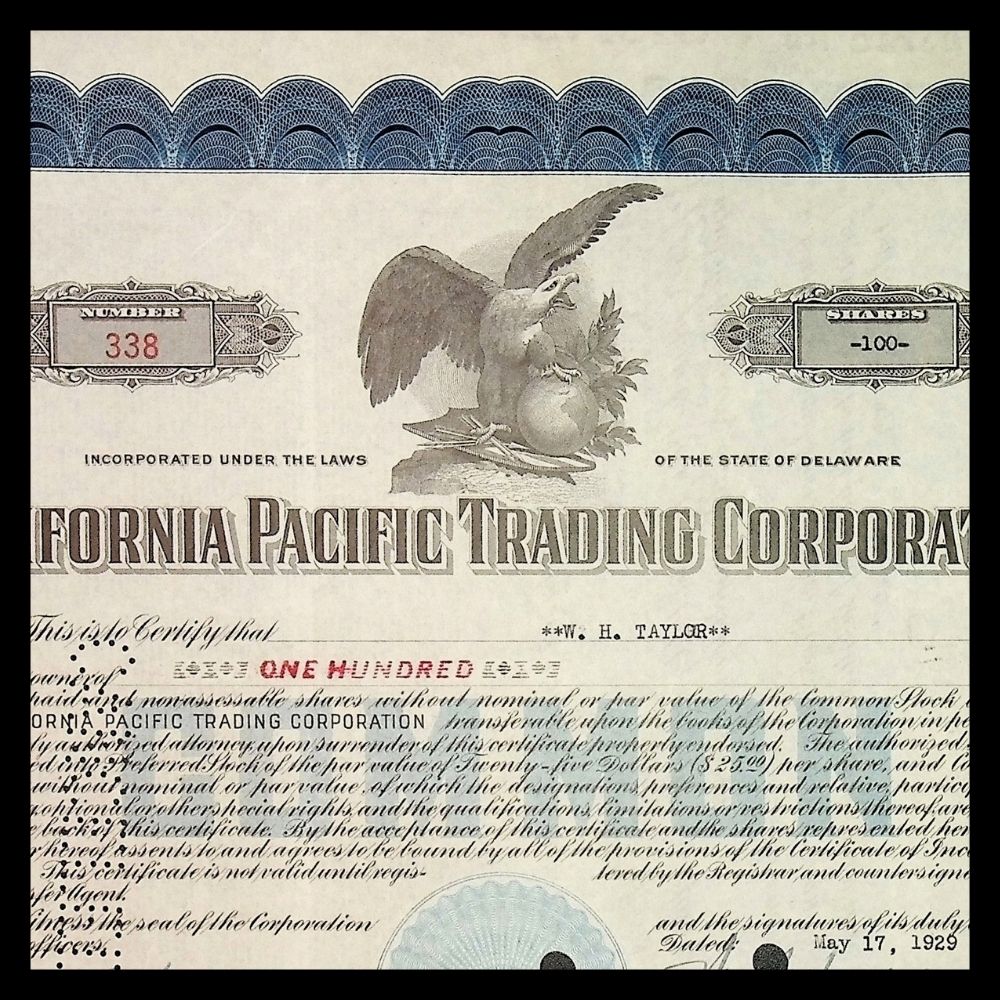 California Pacific Trading Corporation Stock Certificate from 1920s