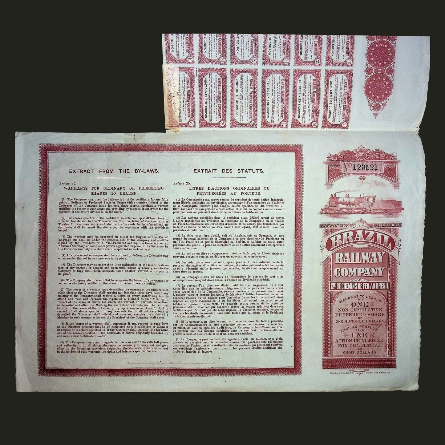 1919 年巴西铁路公司股票证书(附优惠券)