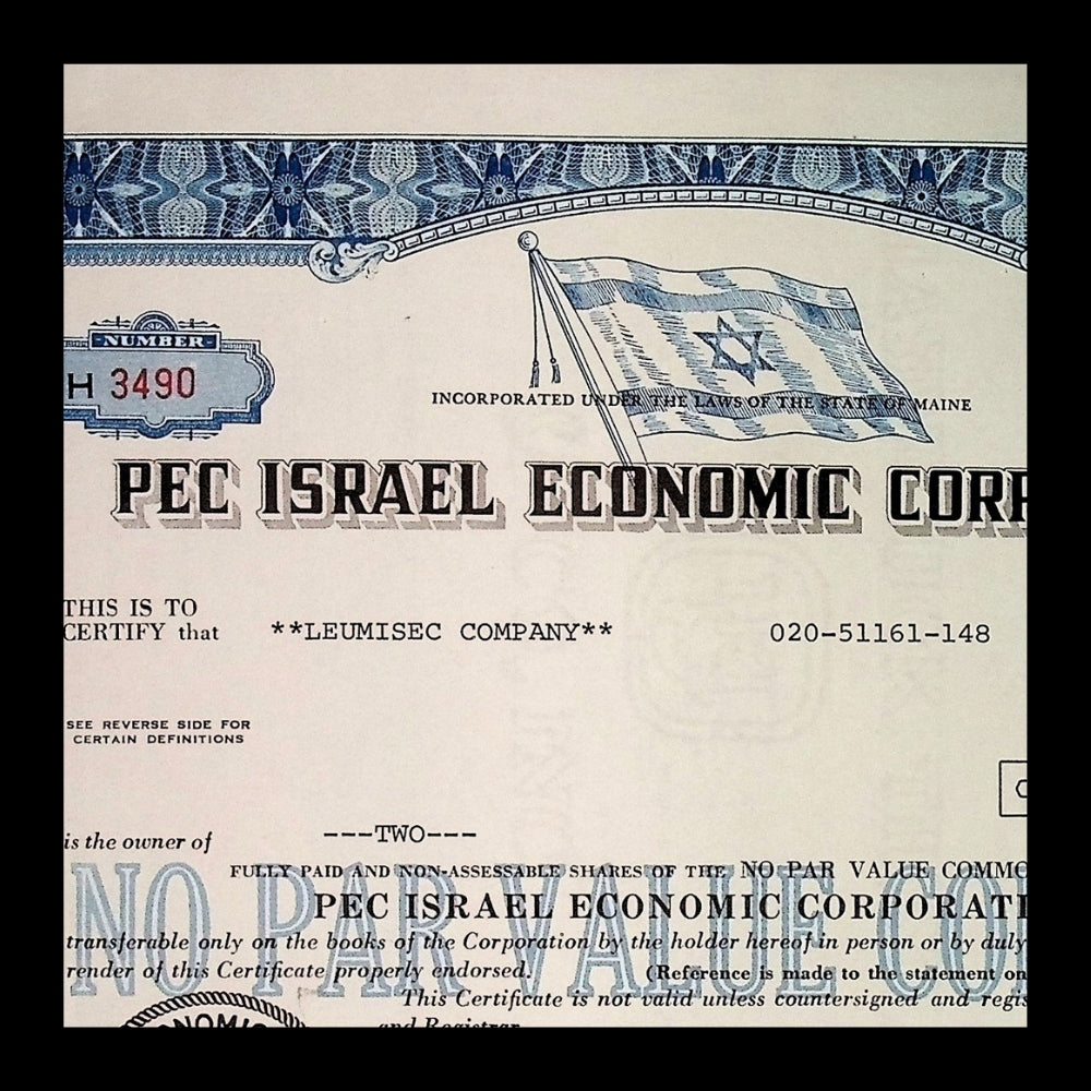 PEC Israel Economic Corporation Stock Certificate from 1979 with Israeli Flag
