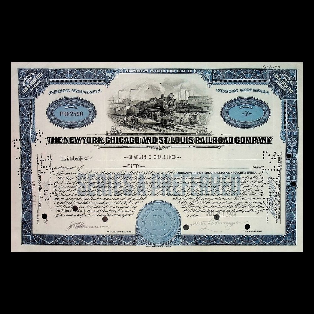 New York, Chicago and St. Louis Railroad Company Stock Certificate from 1940s